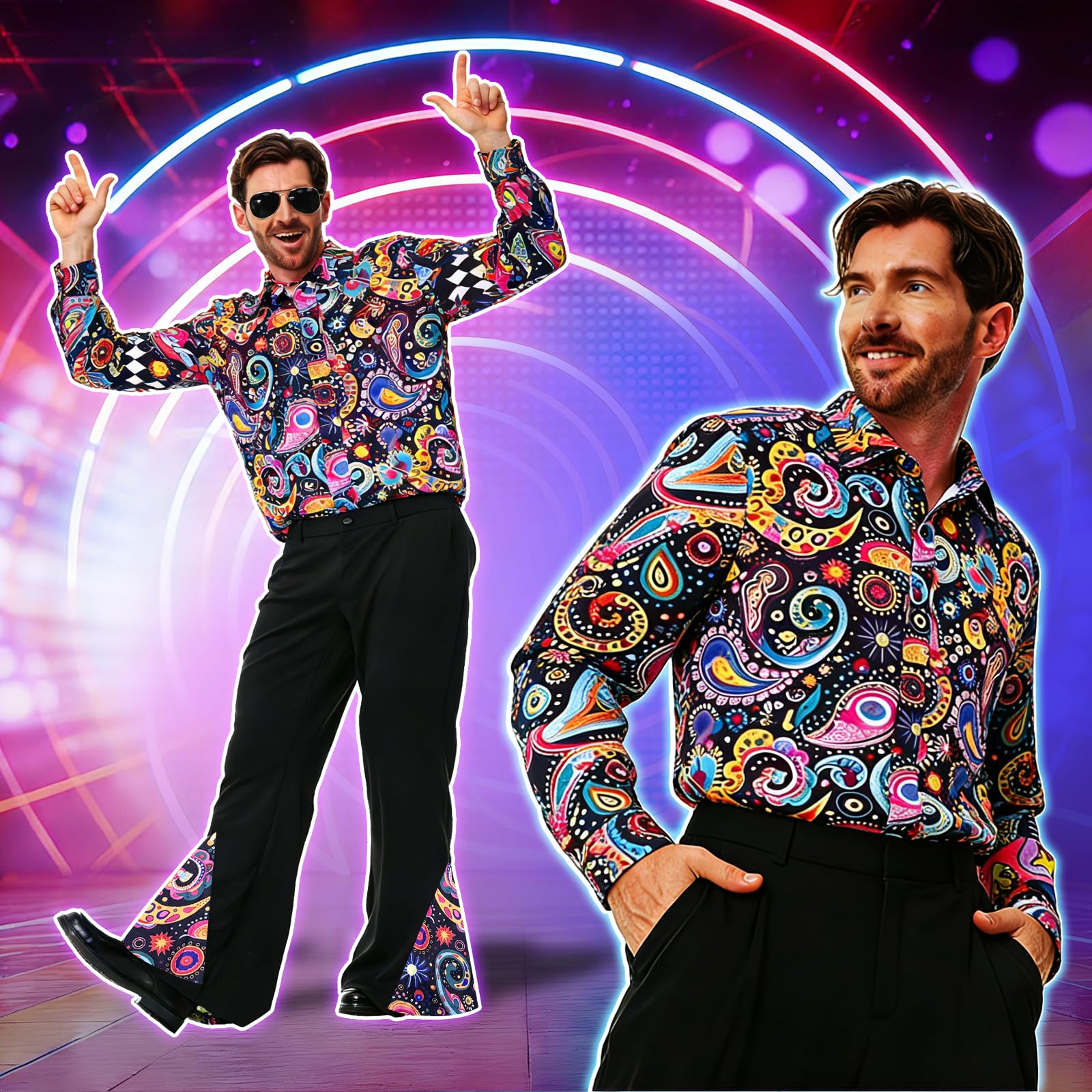 PATEMZON Disfraz de los años 70 para Hombre, Camisa hawaiana, Disfraz Hippie para Hombre, Pantalones de Bateo, Peluca, Cinturón, Gafas, Barba y Cadena de Oro, Disfraz Hippie de Carnaval
