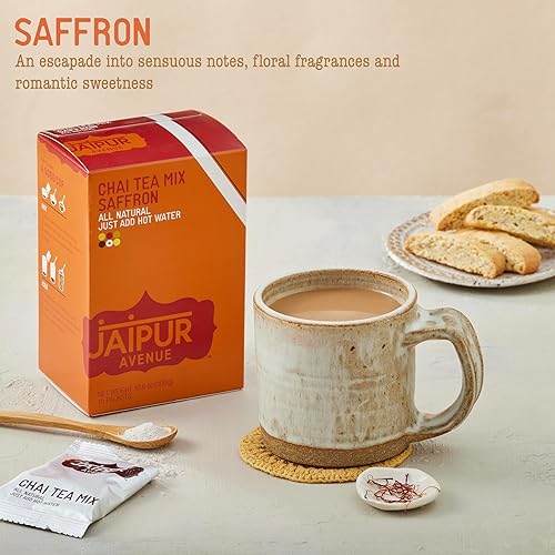Vista 17 de Jaipur Avenue Mezcla de té Safron Chai hecha con té negro Assam totalmente natural, safrán, azúcar de caña y leche seca de primera calidad, sin