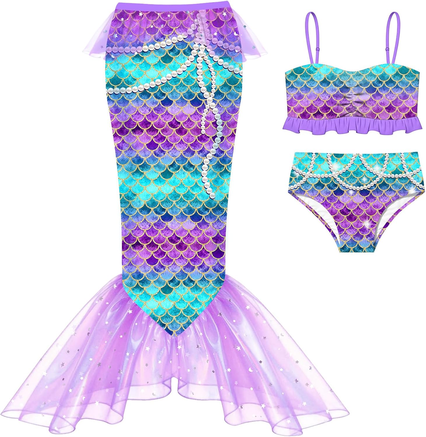 Girls Swimsuit 3 Piece Adjustable Straps Ruffle Bikini Set with Cute Organza Star Mesh Tulle Skirt 3-10Y
