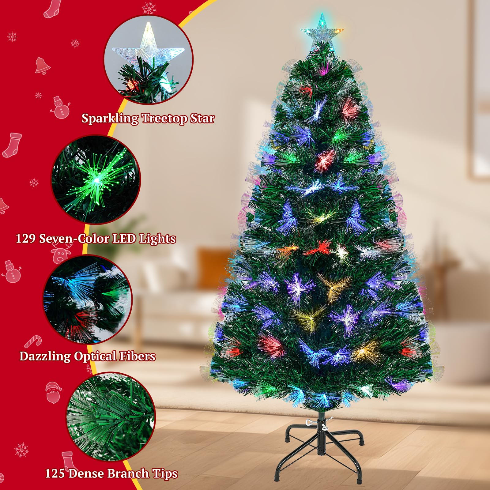 Uten 120 cm Künstlicher Weihnachtsbaum, mit integrierten mehrfarbigen Glasfaser Licht, 125 PVC-Spitzen, Vorgeleuchteter Tannenbaum mit Metallständer