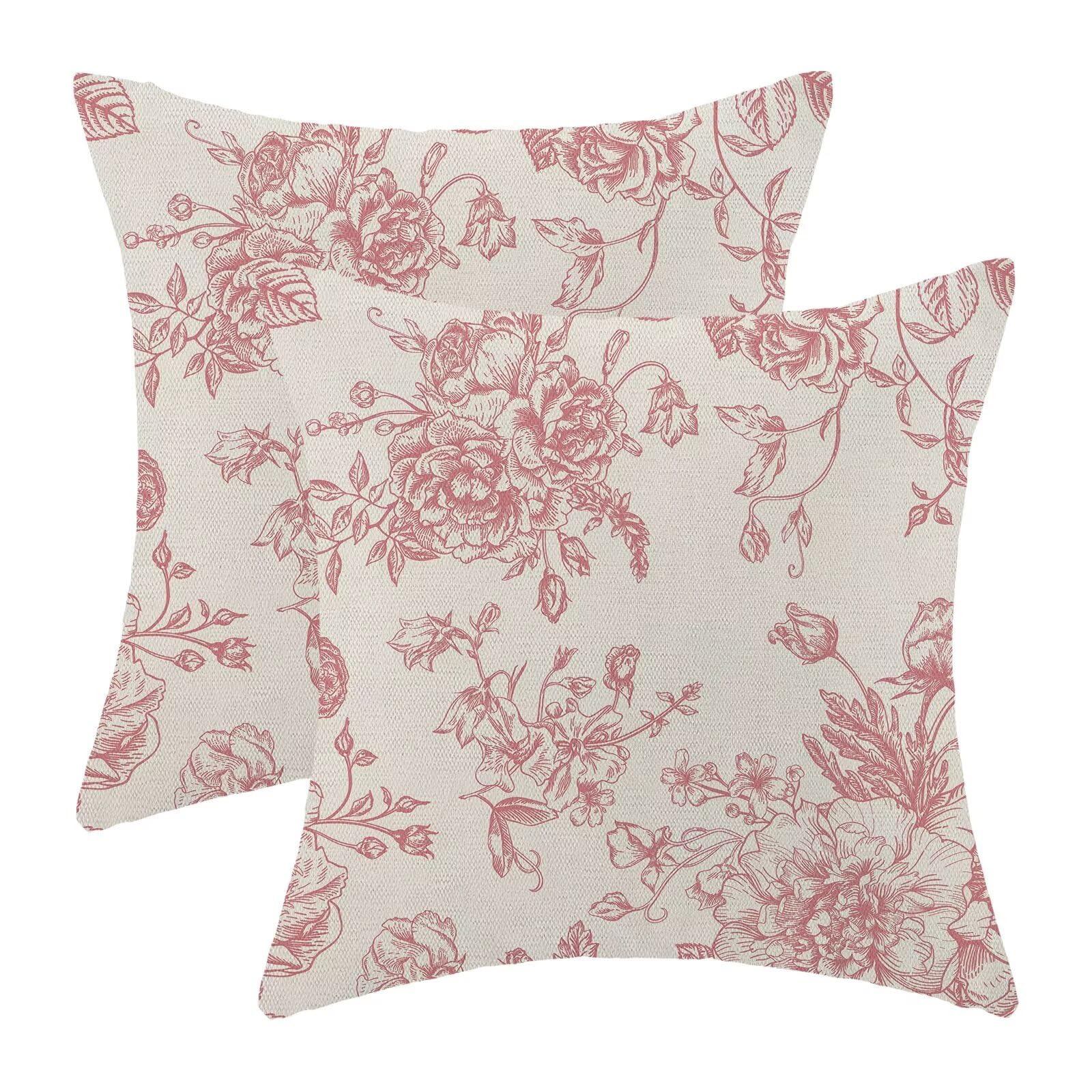 Jecuwo Spring Pink Floral Pillow Covers 18x18 Inch Set of 2, Chinoiserie Pink Flower Decorative Throw Pillowcase Vintage Floral Outdoor Cushion Cover
