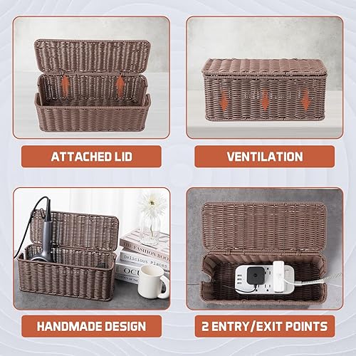 Vista 5 de Caja de organización de cables, organizador de cables de ratán hecho a mano con 2 ranuras abiertas, organizador de cables para regleta de Marrón