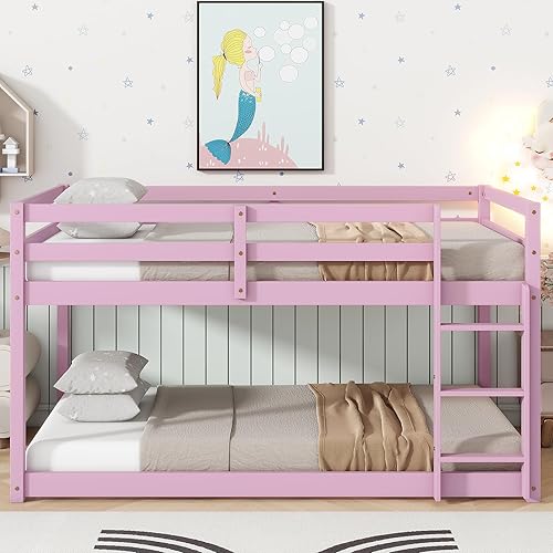Miniatura 118 de Litera baja individual sobre individual, base de cama de madera maciza con escalera y barandillas de seguridad, literas individuales para niños y