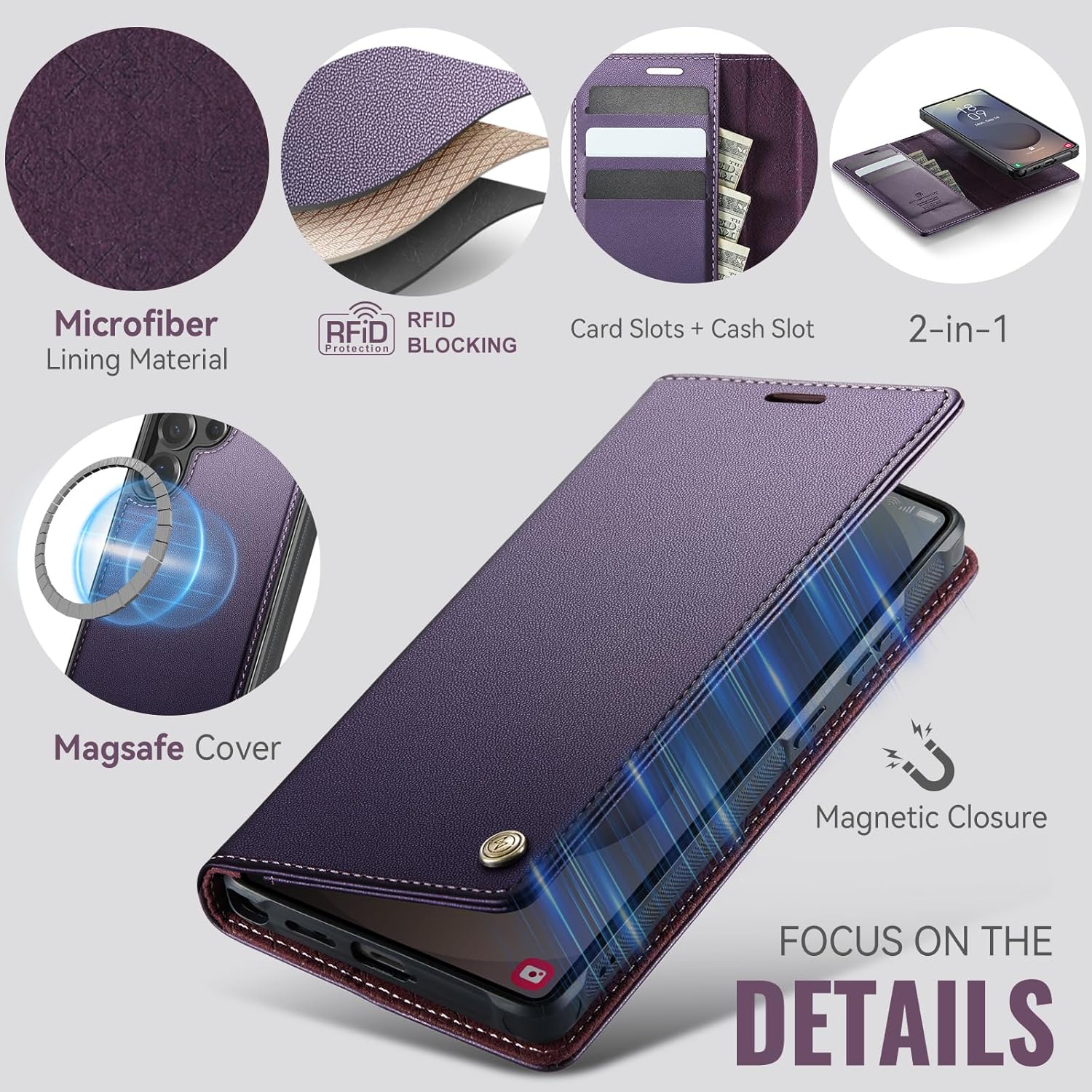 Wallet Case for Samsung Galaxy S25 Ultra Compatible with Magsafe, 2-in-1 PU Leather Flip RFID Blocking Card Holder Stand Shockproof Magnetic Detachable Cover for Galaxy S25 Ultra, Purple - Image 6