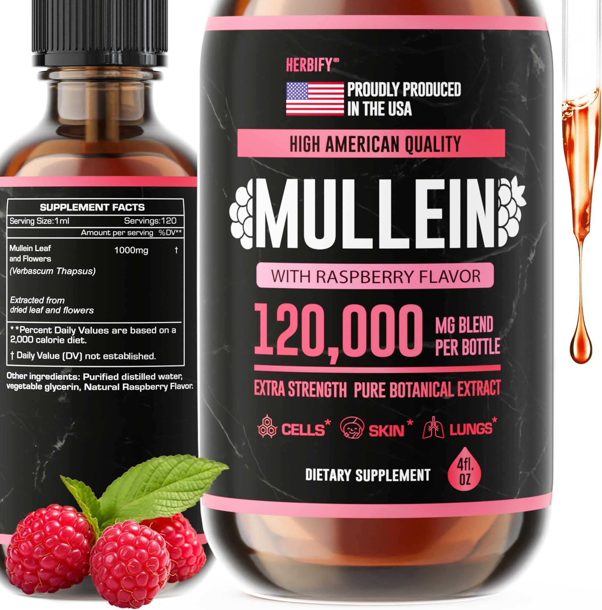 Mullein Drops - Lung Cleanse - Leaf Extract - Powerful Mullein for Immune Support, Detox & Respiratory Support - Made in USA - 4 Oz Raspberry Flavor