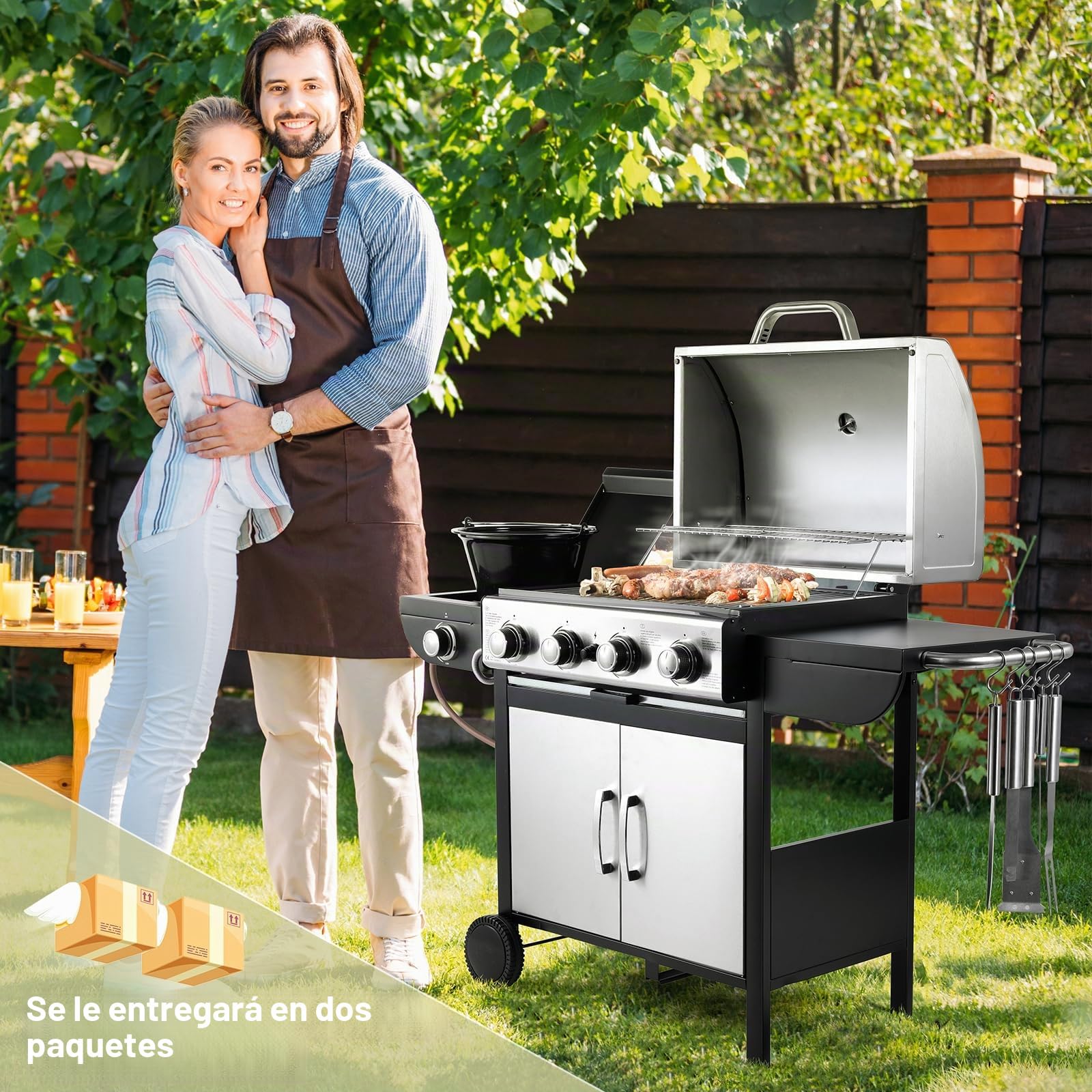 Barbacoa a Gas 4+1 Quemadores con Quemador Lateral, Acero Inoxidable BBQ con Termómetro, Parrilla con Mesas Laterales, 14,05 KW Alto Rendimiento para Jardines Fiestas Acampar