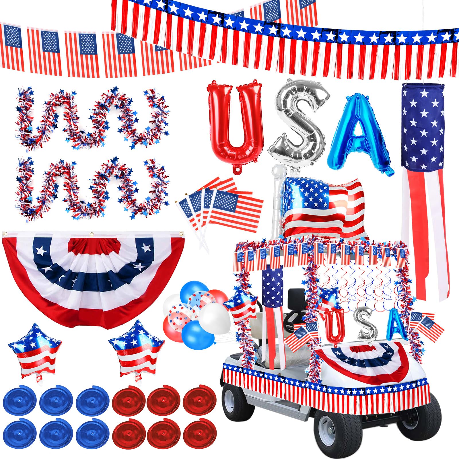 Tryly 4th of July Golf Cart Decorations Kit, Patriotic Parade Golf Cart Decor - Foil Fringe Garland, Pleated Fan Flag, Flag Windsock,Tinsel Garland, Flags Balloons for Independence Day Memorial Day