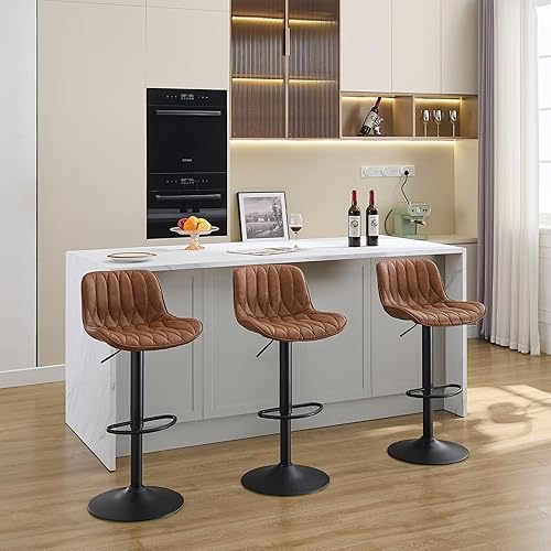 Miniatura 7 de Juego de 3 taburetes de bar giratorios, taburetes de bar de altura de mostrador marrón con respaldo, taburete de bar ajustable de 25 a 33 pulgadas,