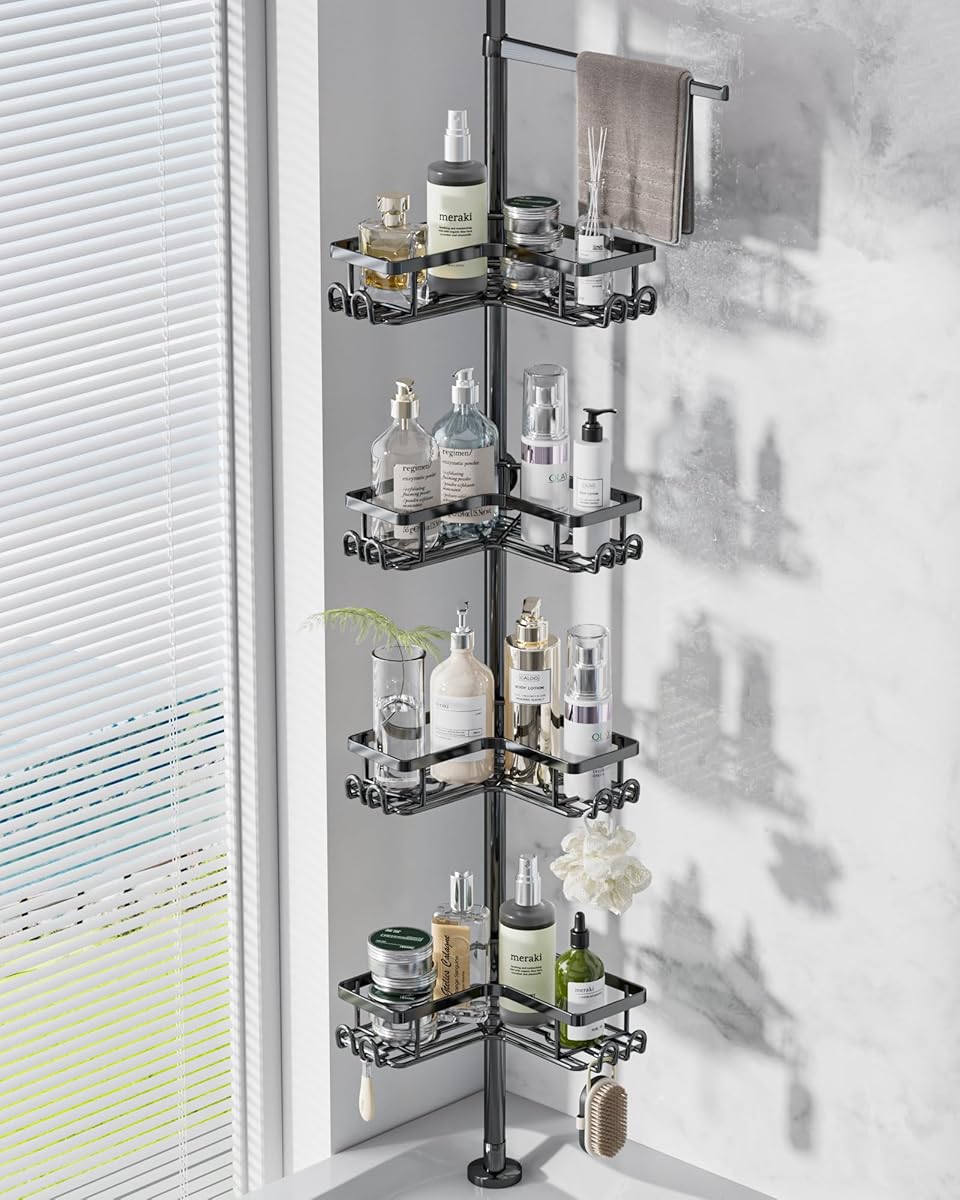 Shower Caddy Corner Tension Pole with 4 Tier Metals Baskets Rustproof Shower Shelves Corner Standing Large Bathroom Shower Storage Organizer Shelf Adjustable Height from 32 to 123 In