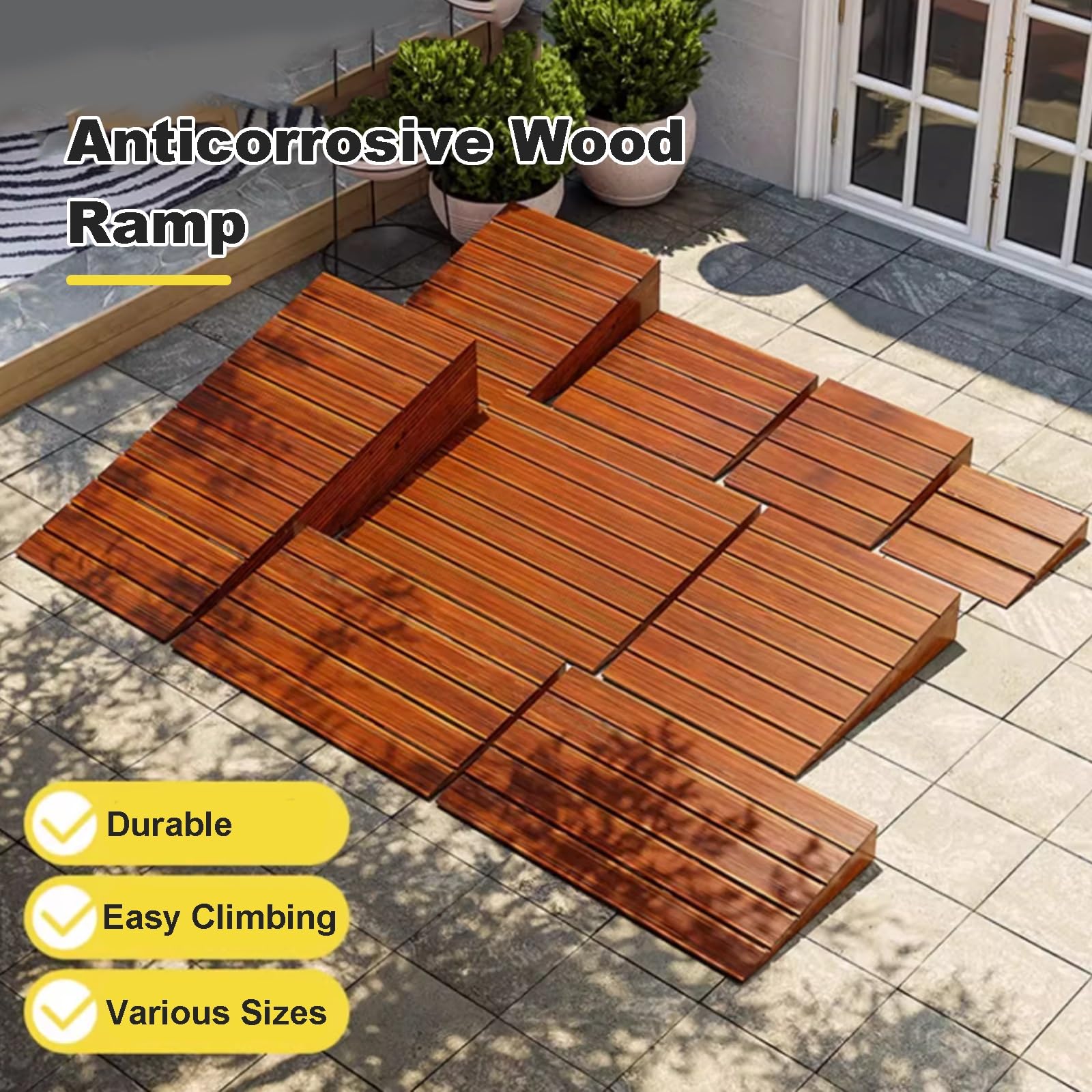 Rampe di Soglia in Legno, Rampe Antiscivolo per Porte, Gradini Resistenti per Sedie a Rotelle, Auto, Biciclette e Scooter per Disabili(70x60x15cm/27.6x24x5.9in)