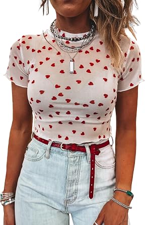 Short Sleeve Top for Women Allover Heart Print Mesh Stand Neck Daily Top