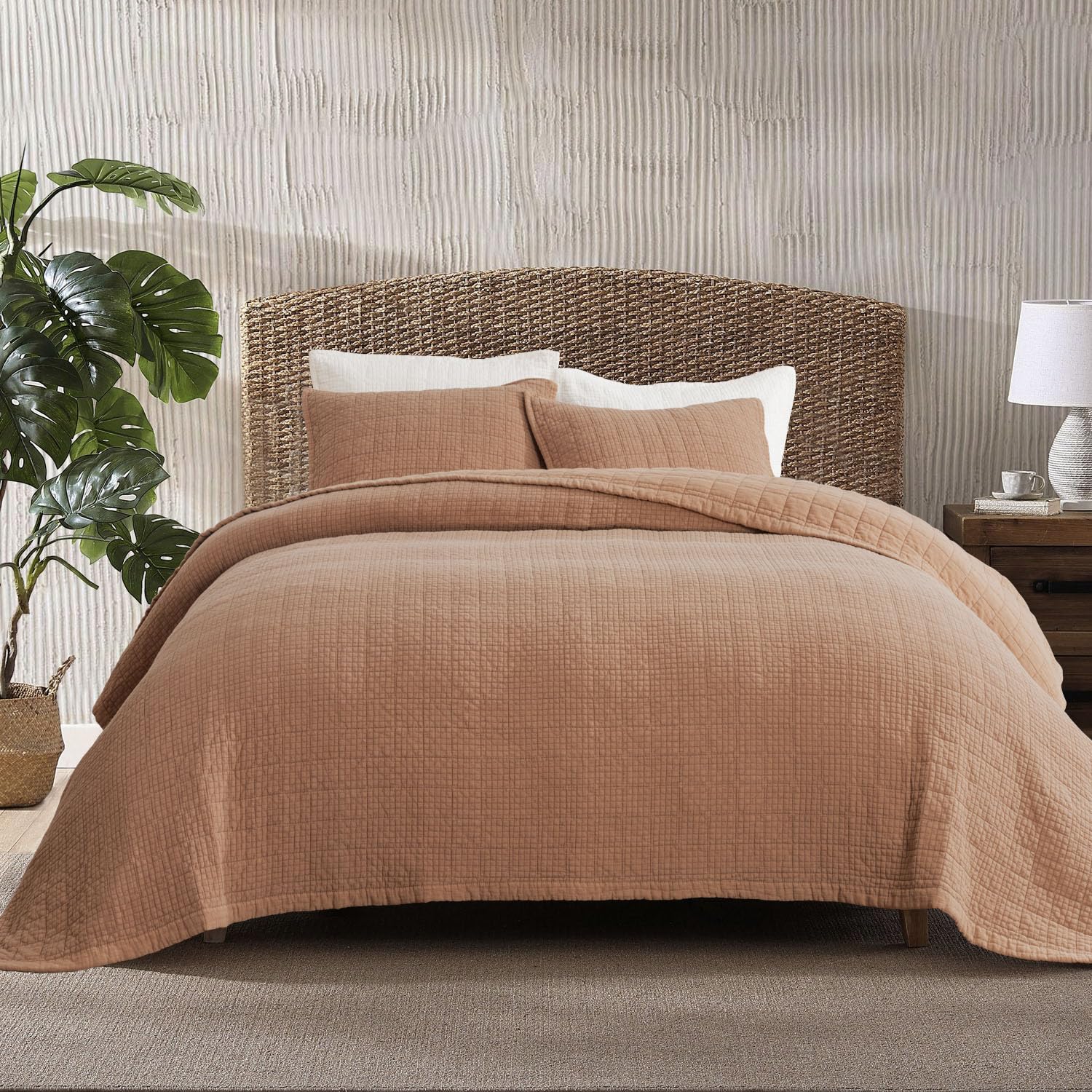 EVERGRACE Cotton Quilt Set King Size, Ultra Soft Stonewashed Oversized Bedspread Coverlet Set, Lightweight Crinkle Box Stitch Bedding Sets for All Season, with 2 Matching Shams, Terracotta