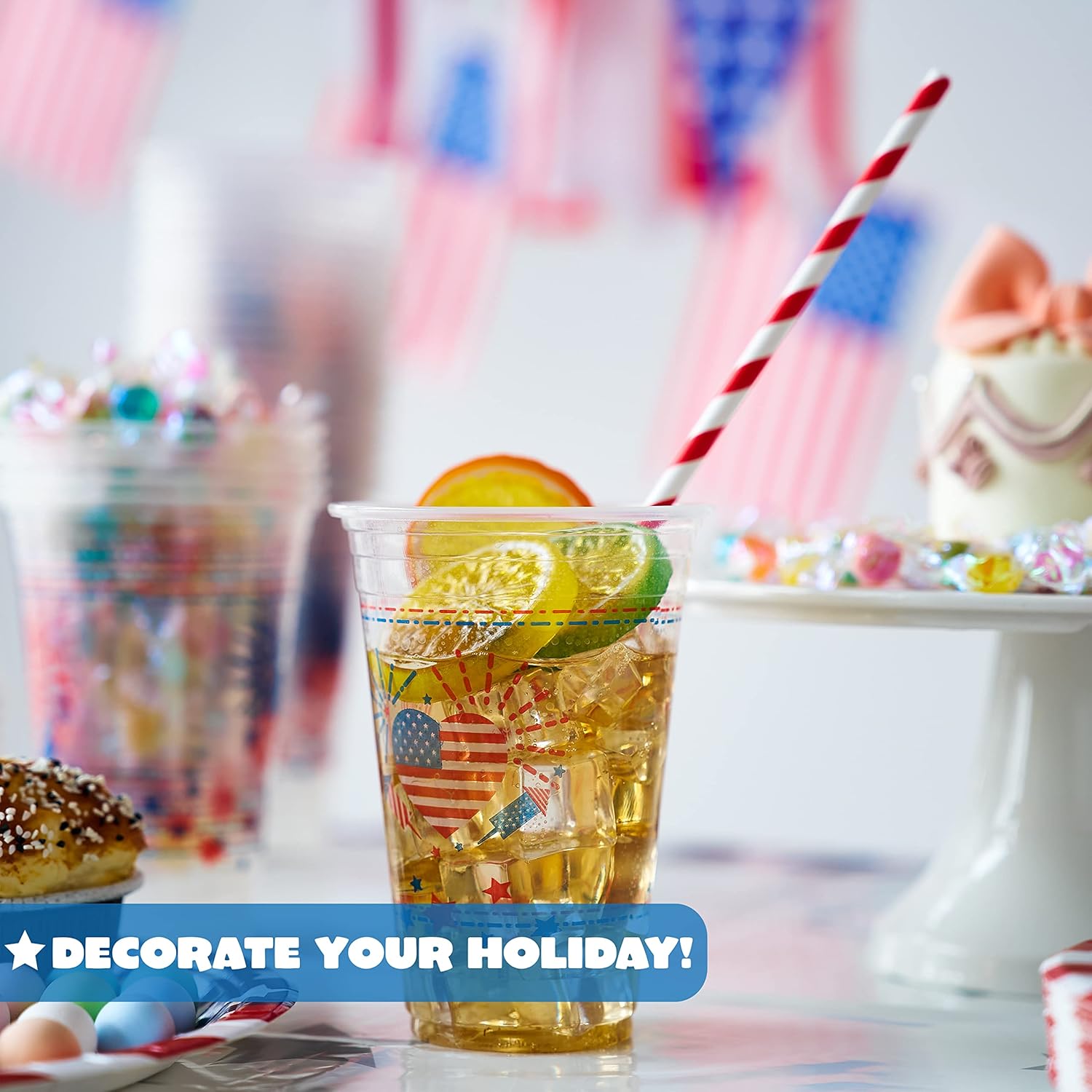 JOYIN 72 Pcs Patriotic Plastic Cups, 16 OZ 4th of July Clear Disposable Cups with Red & Blue Star Pattern for Patriotic Party Supplies, 4th of July Decoration, Independence Day Memorial Day