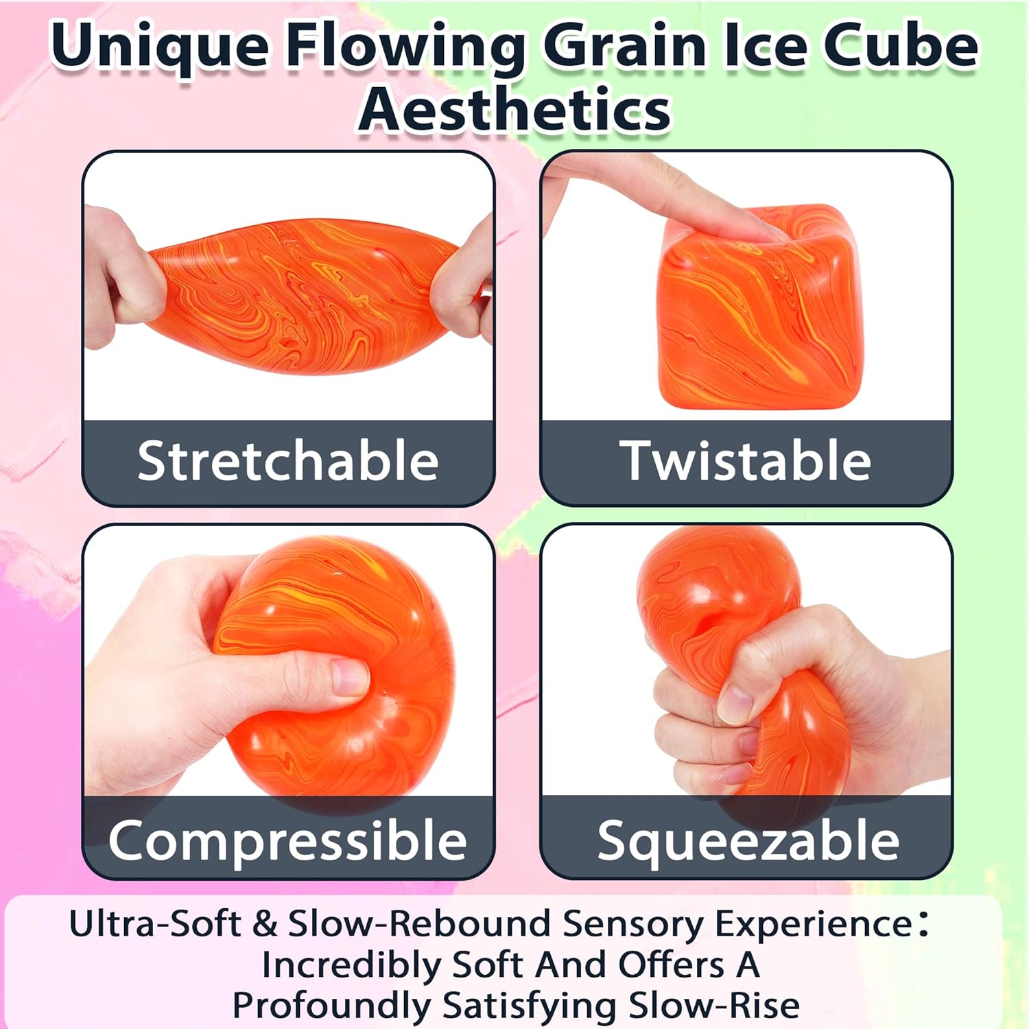 Large Veined Ice Cube Squishy Toy, 7cm (2.76 Inch) Big Stress Cube, Soft Sensory Fidget Toy for Anxiety Relief and Focus for Youth Adults, Squishy Ball (Orange)