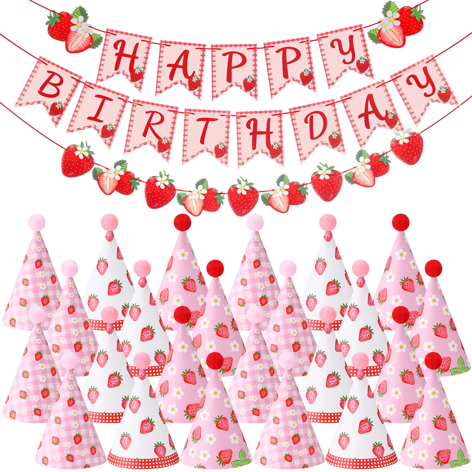 AmazingSpark 25 Pcs Strawberry Theme Birthday Party Decorations Set Includes 24 Cone Hats 1 Banner for Berry First Birthday Pink Theme Fruit Party Decorations Photo Props