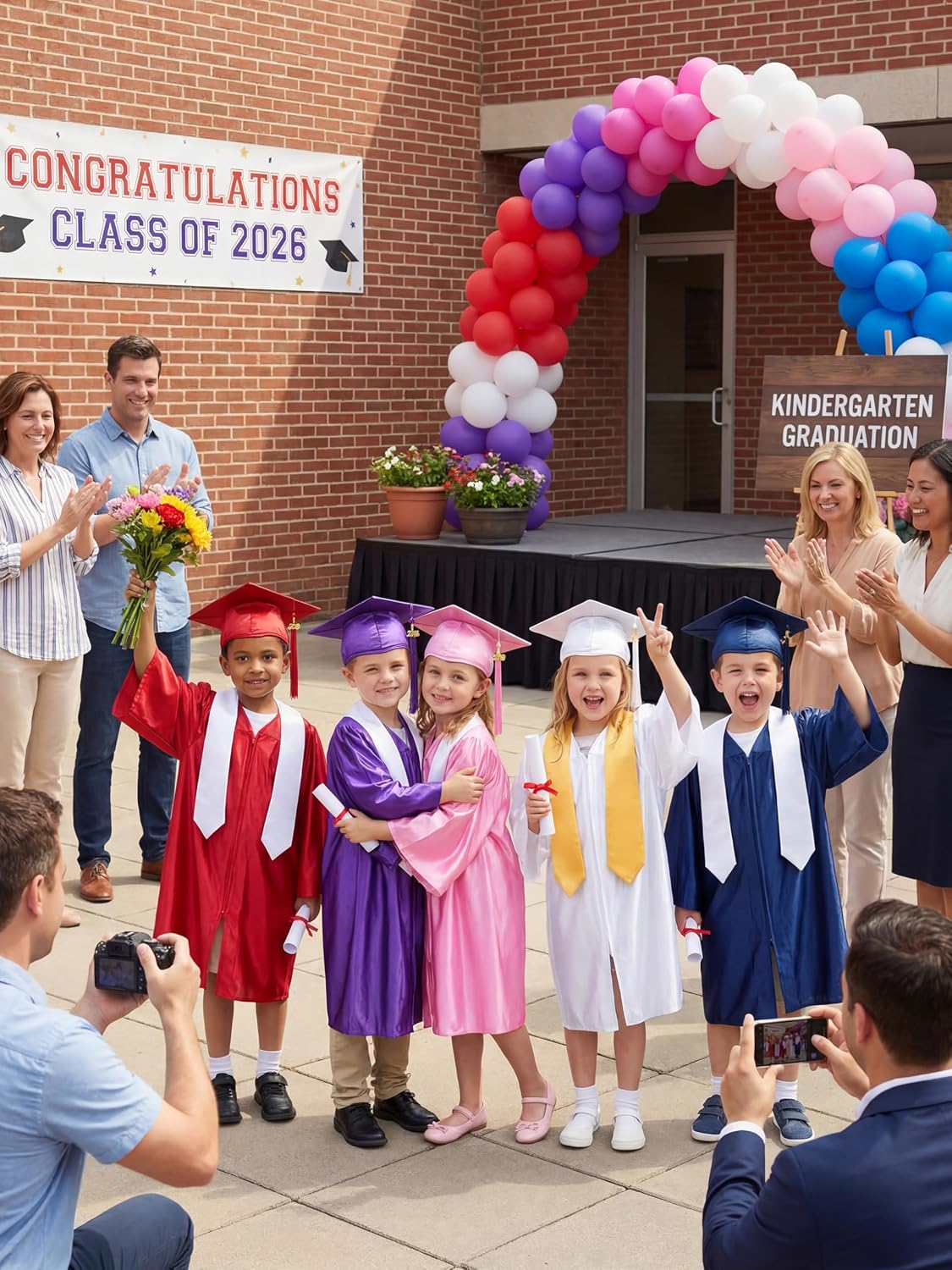 SOMSOC 7 Pieces Preschool Kindergarten Graduation Gown Cap Sash Set with 2026, 2027 Tassel Charms, Certificate for Toddler