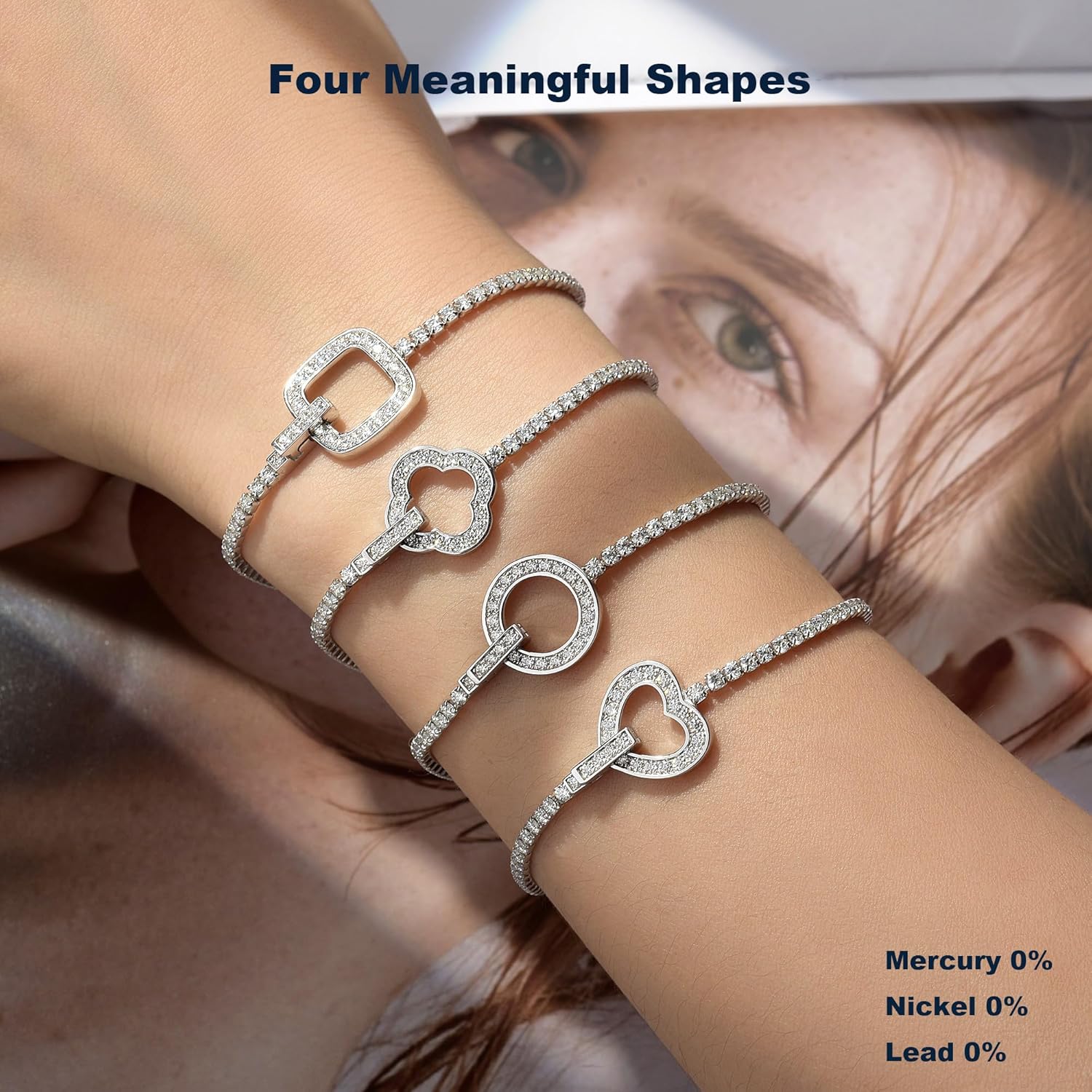 Sutu Linky&Co Moissanite Tennis Bracelet, D VVS1 Multi-Shape Clover Heart Square Circle, S925 Sterling Silver Adjustable Jewelry Gifts for Her, 6.5-7"