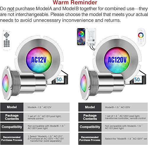 Miniatura 7 de Luces de piscina para piscina enterrada, luz LED de 1.5 pulgadas, luz de piscina y spa, IP68 impermeable, sin nicheles, AC12V, cable de 50 pies,