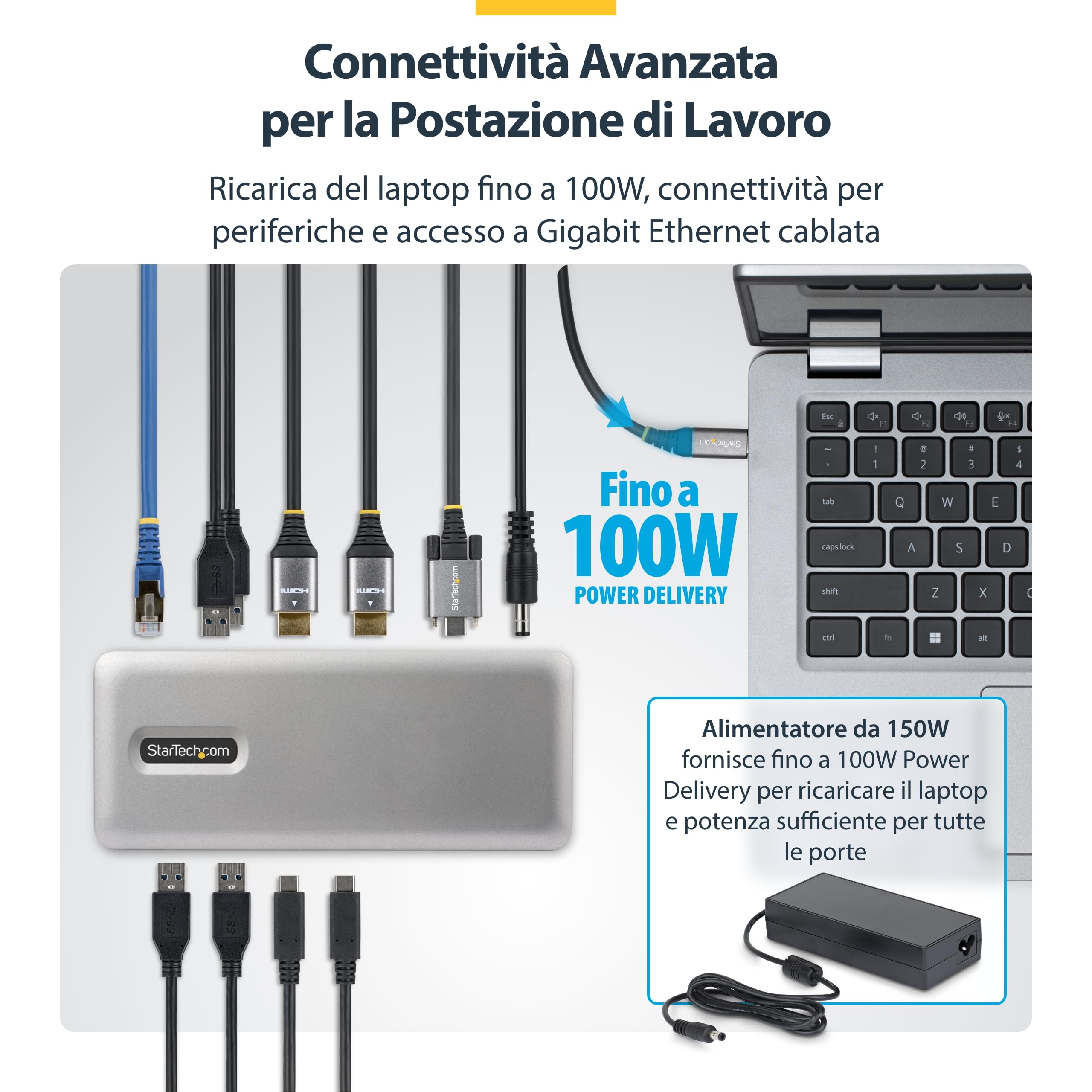 StarTech Docking station USB-C Dual Monitor, 2x HDMI 4K 60Hz, PD 100W, 6x USB 10Gbps, Gigabit Ethernet, Driverless, DockpPer Laptop Windows DP Alt Mode