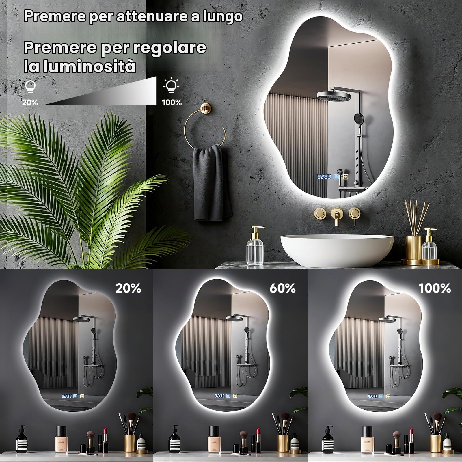 Specchio da bagno con illuminazione,specchio cosmetico a forma di nuvola 70x50 cm,3 colori di luce,dimmerabile, antiappannamento,interruttore touch,per soggiorno,camera da letto, ingresso