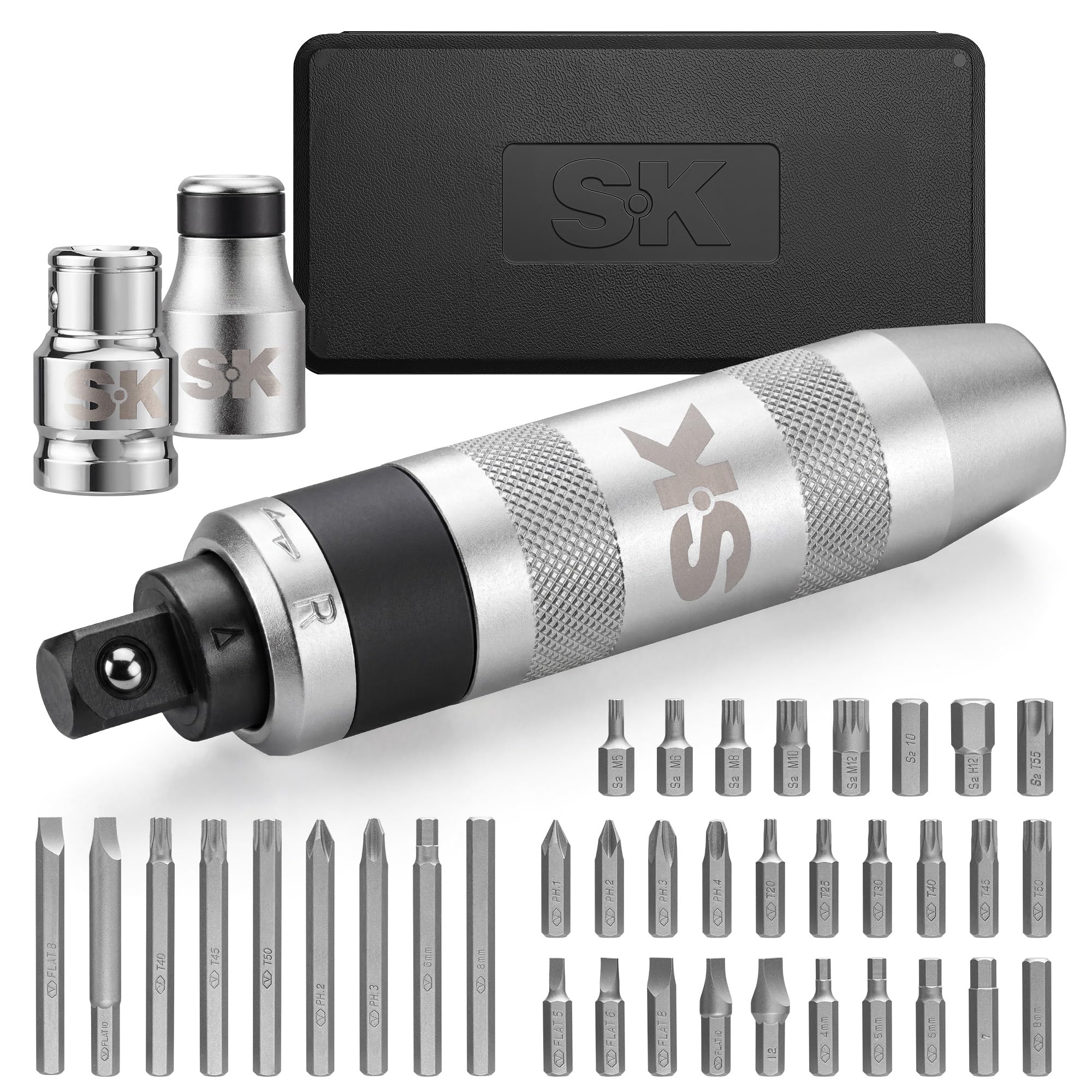 SK Juego de destornilladores de impacto manuales de 1/2 pulgadas, 40 piezas de destornillador de impacto reversible resistente con soportes de brocas de 3/8 y 5/16 pulgadas, puntas S2 y CR-V, Phillips