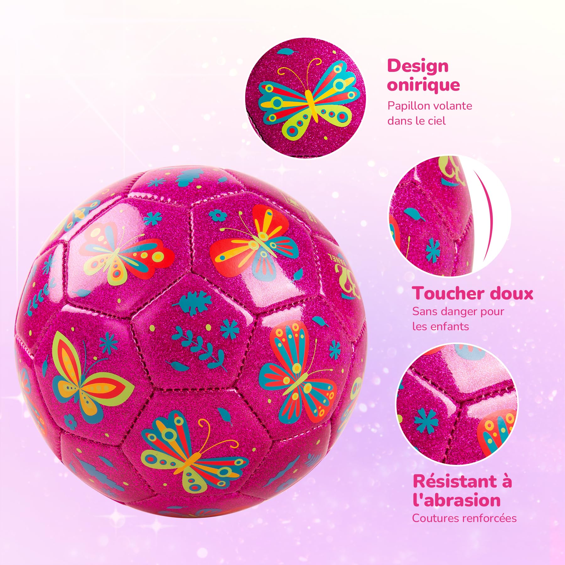 U&C Planet Ballon de Football Size 3 pour Enfants âgés de 3 à 8 Ans Motif Papillon Rose Vif Brillant Comprend Une Pompe à Main et Un Sac en Filet