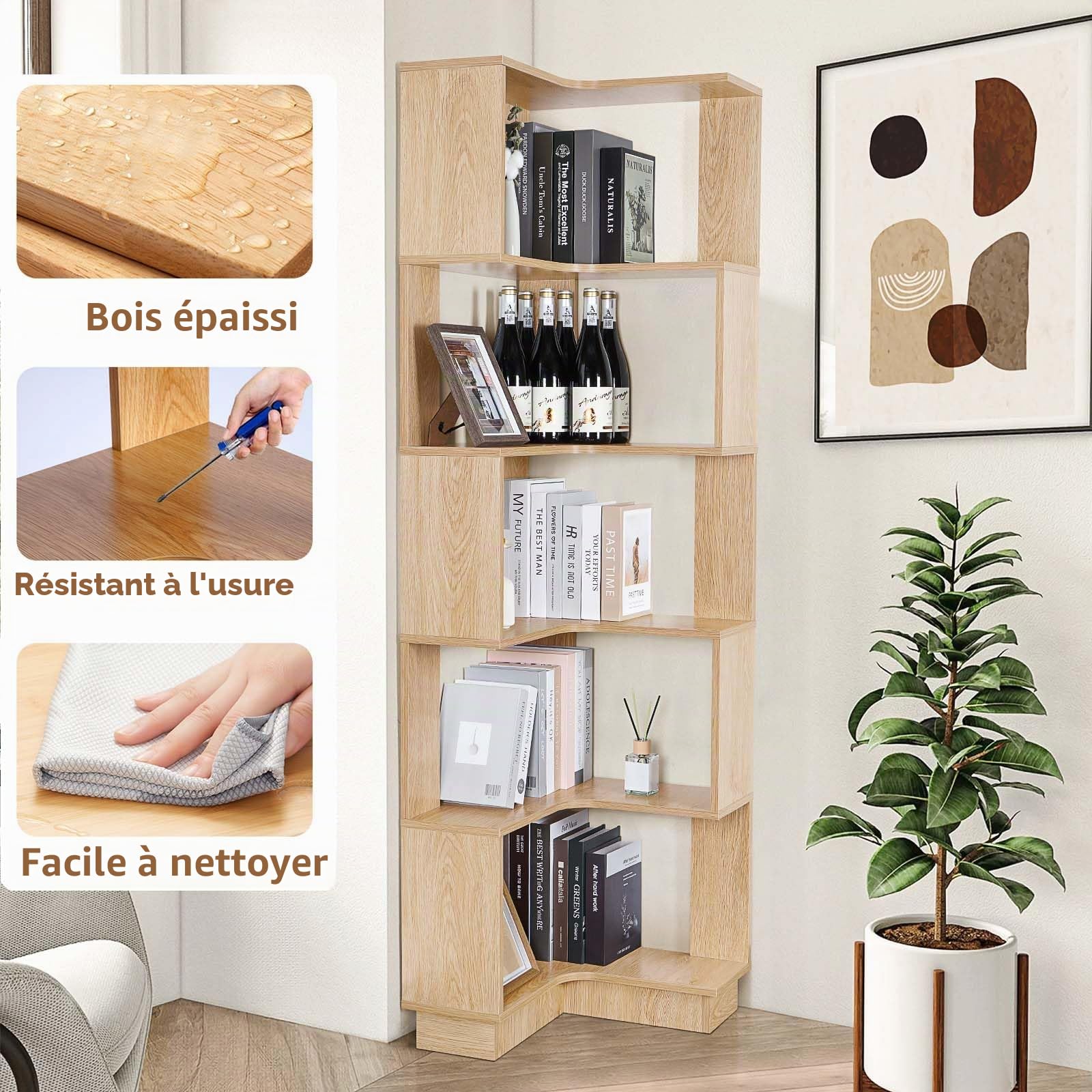 bimiti Bibliothèque d'angle en bois à 6 niveaux - 175 cm de haut - Grande étagère d'angle de rangement pour salon, maison, bureau