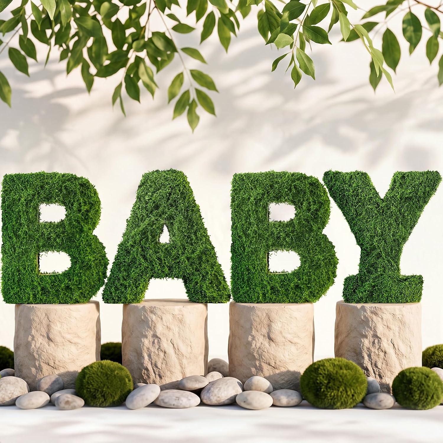4 Pcs Moss Baby Letter Decorations, Alphabet Letter Shaped Green Grass Table Centerpiece Decor for Baby Shower, Gender Reveal, Birthday Party Home Desktop Boy Girl Party Supplies