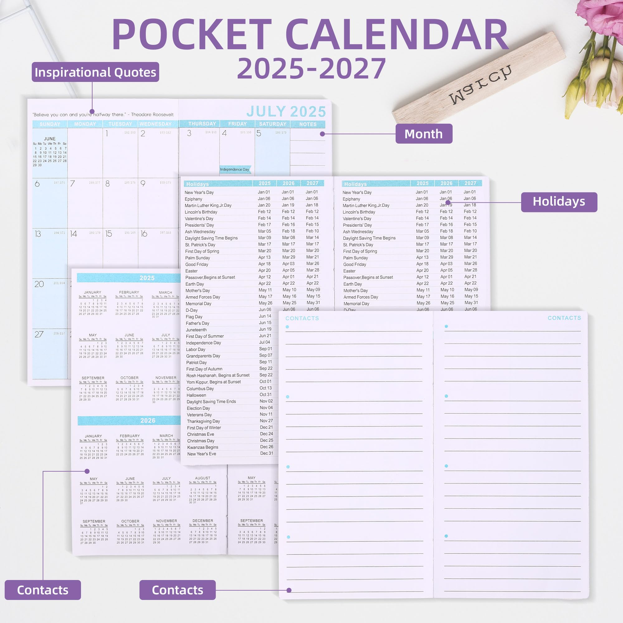 Agenda tascabile 2025-2027, settimanale e mensile, 3 anni, di piccole dimensioni, mini planner accademico con citazioni giornaliere, copertina rigida, organizer perfetto per borsa