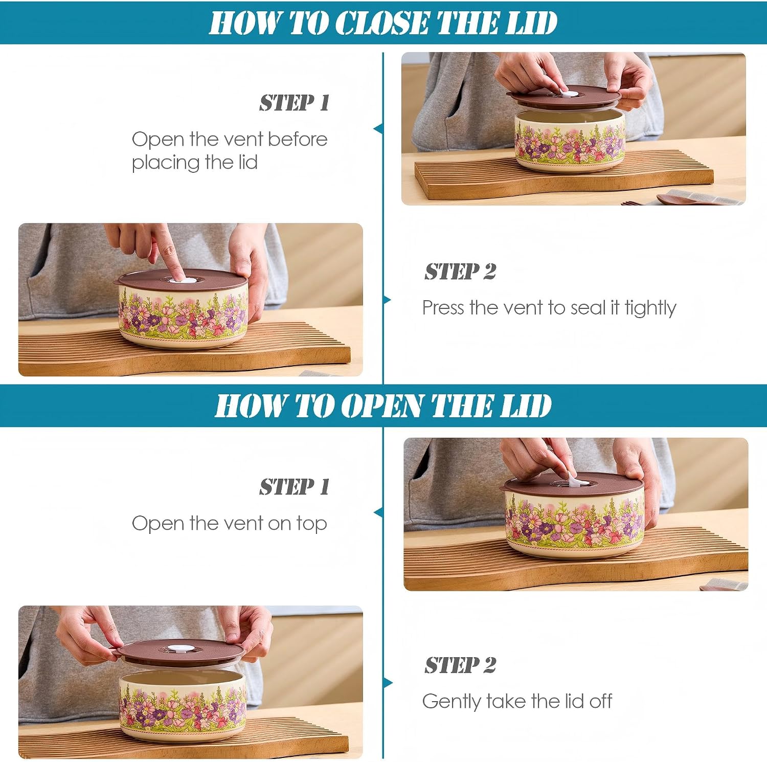Food Storage Containers with Lids, 4"/ 5"/ 6" Nesting Bowls Set, Serving Bowls with Lids Set, Pasta Ceramic Bowls Set Decorative Bowl for Soup, Stew, Cereal, Microwave and Oven Safe (Rose)
