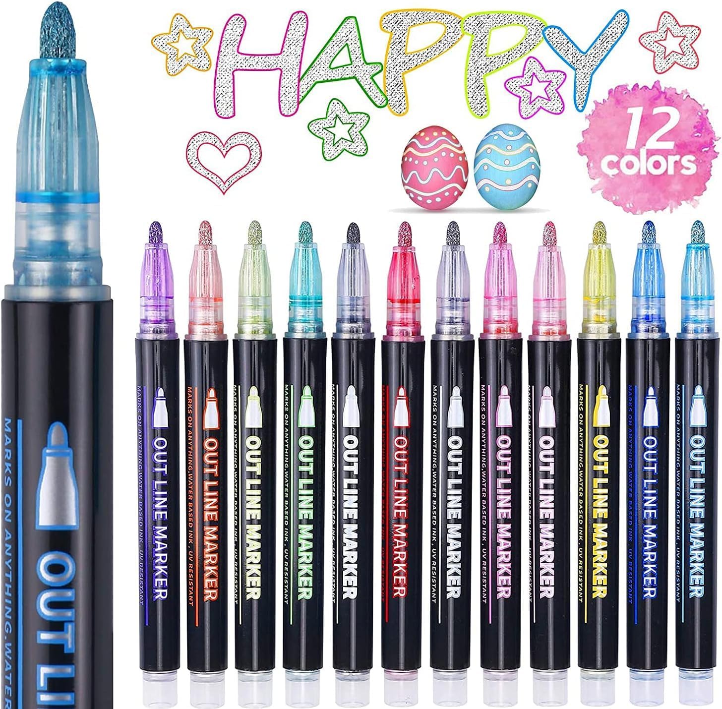 ECtury 12 Colours Metallic Double Line Outline Pens for Scrapbooking, Gifts for Teenage Girls, Stocking Fillers Kids, 4-12 Year Old Girls Kids