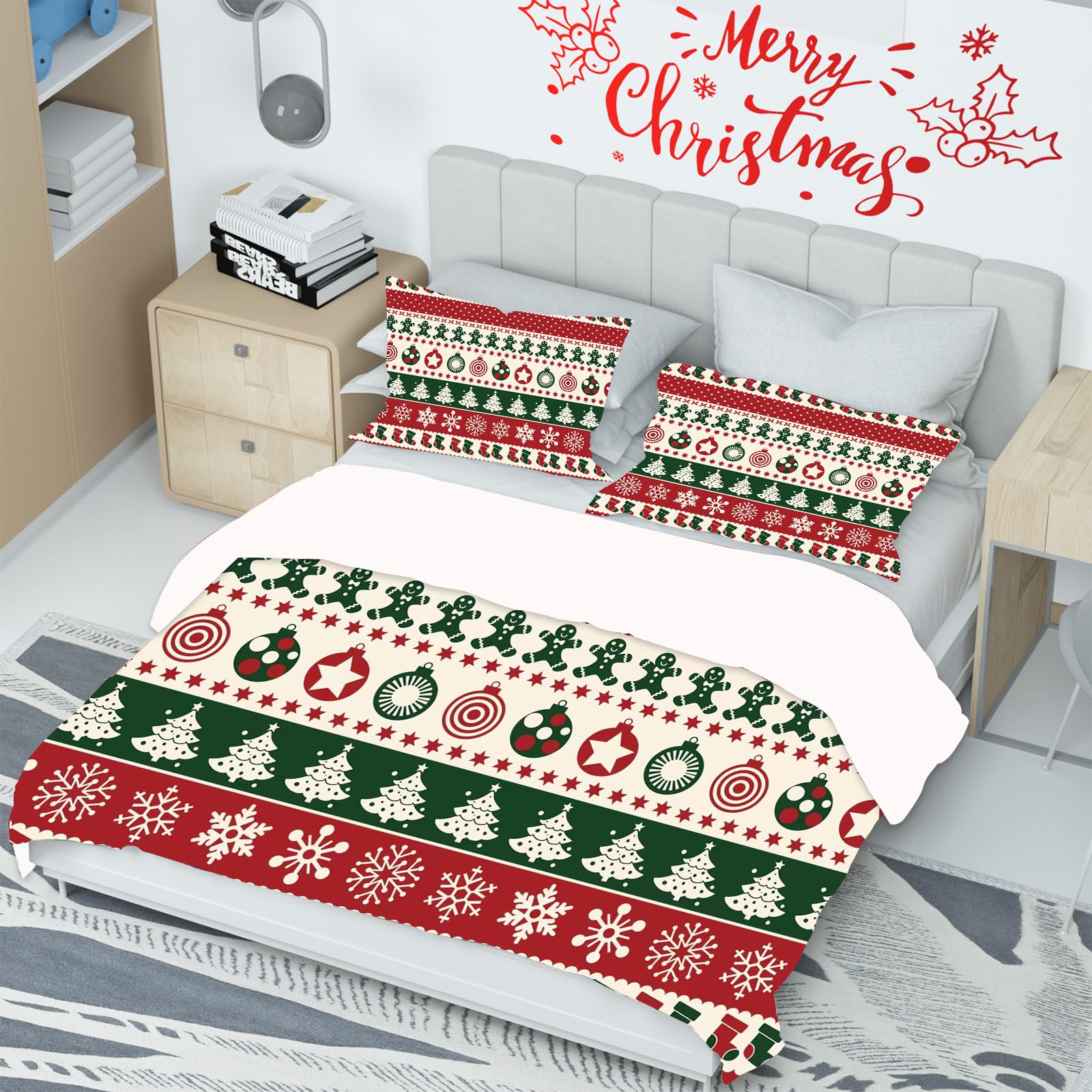 AVJWWD Set di biancheria da letto natalizia, Babbo Natale, alcool di Natale e fiocchi di neve, morbida microfibra con chiusura lampo