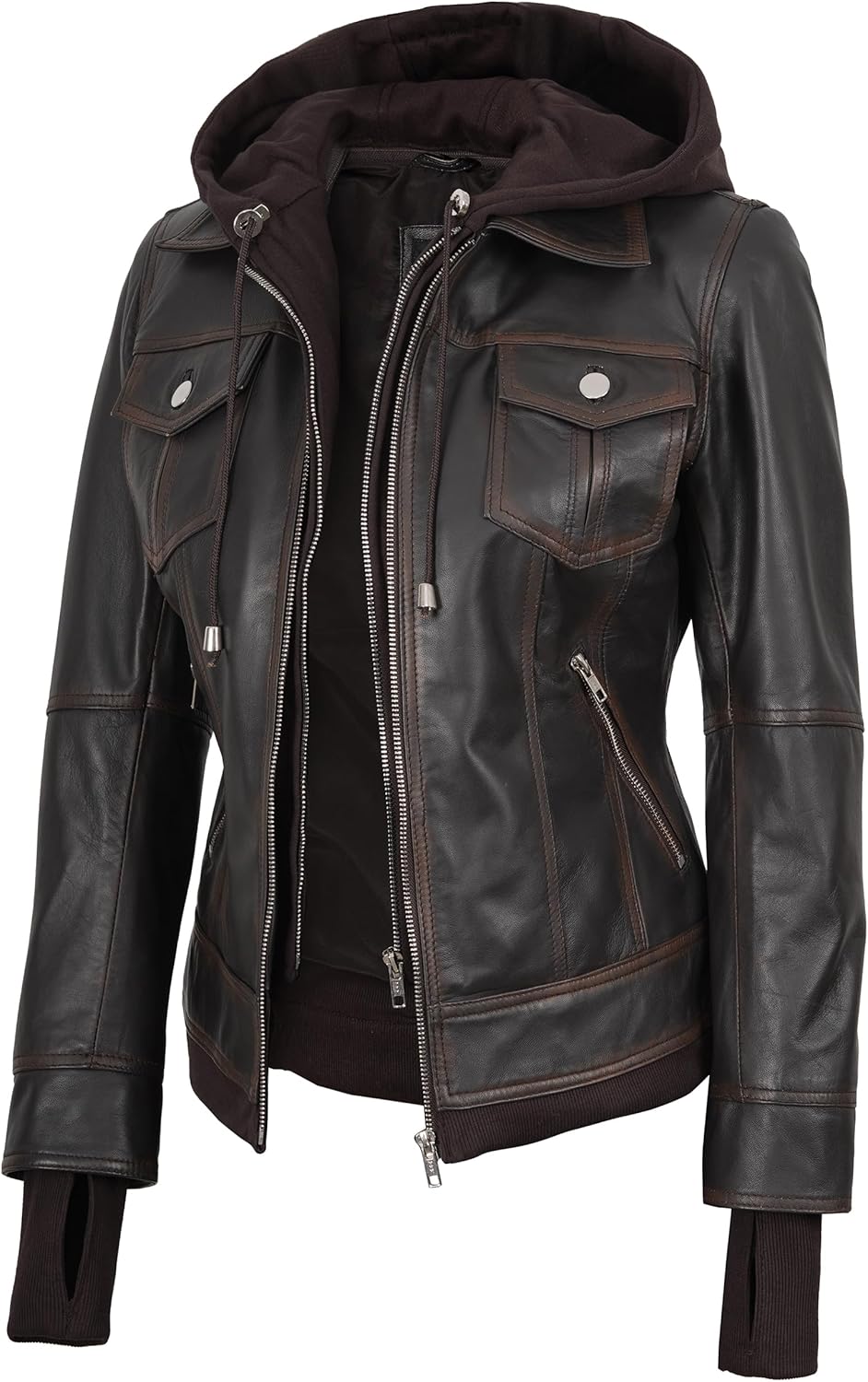 Blingsoul Hooded Leather Jacket Women - Real Lambskin Womens Leather Jackets with Detachable Hood