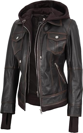 Decrum Detachable Hood Womens Leather Jacket - Real Lambskin Hooded Leather Bomber Jackets for Women, Regular Fit