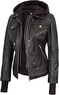 Sponsored Ad - Decrum Hooded Leather Jacket for Women Winter Fashion Bomber Leather Jacket