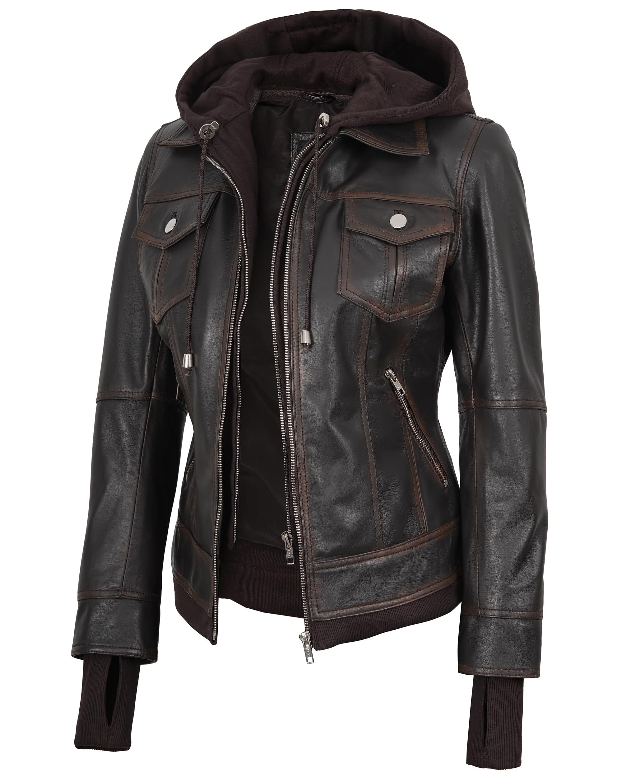 Decrum Detachable Hood Women's Leather Jacket