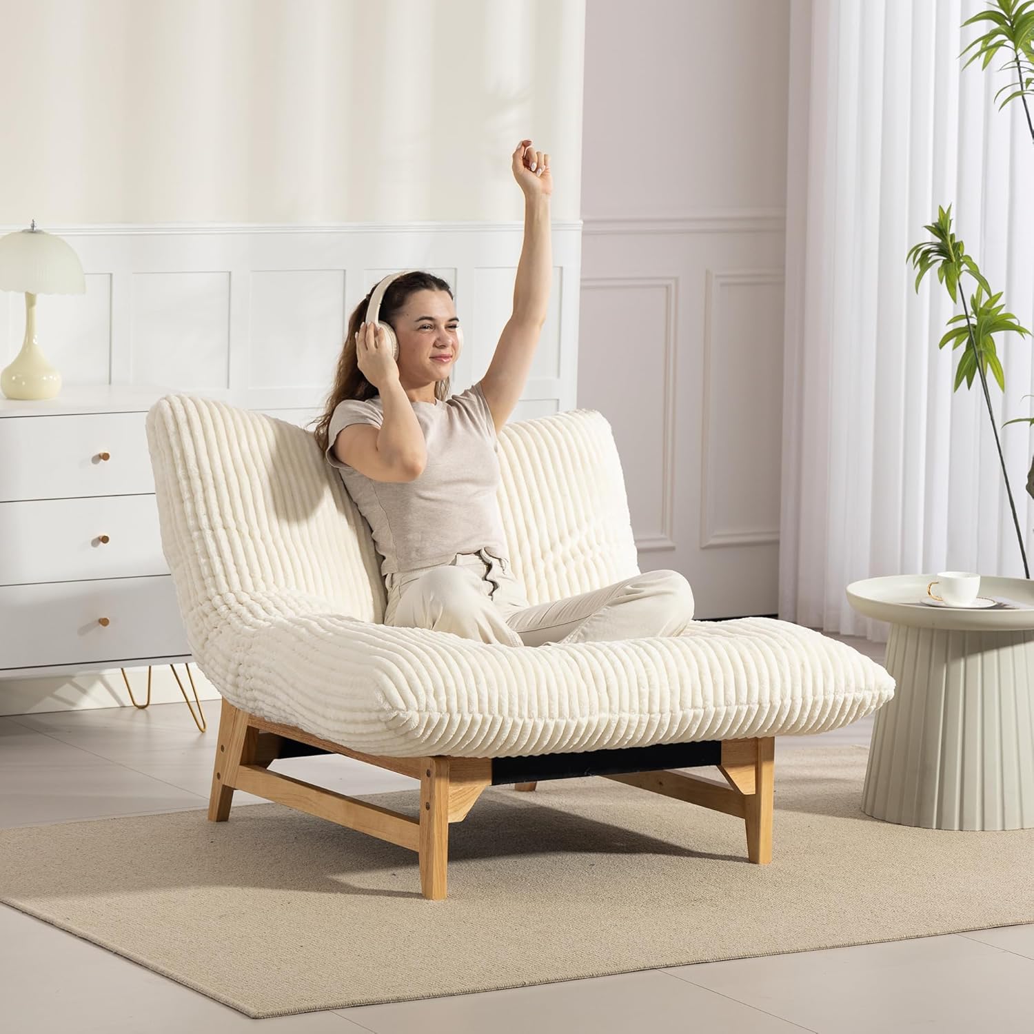 Bean Bag Chair with Frame for Adults, Comfy Corduroy Upholstered Accent Reading Chair, Oversized Sleeper Beanbag Lounge Sofa for Living Room Bedroom, Beige