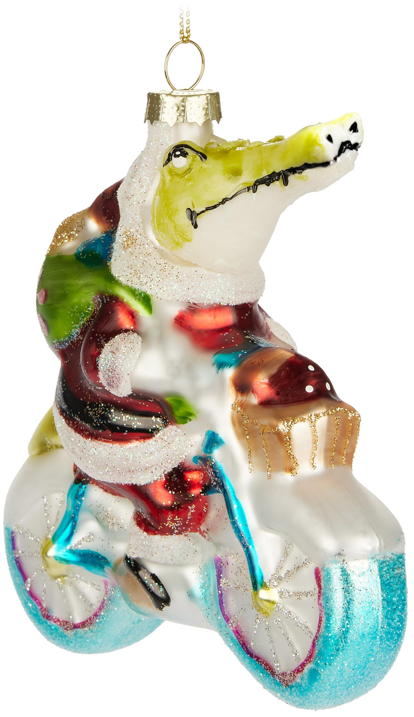 BRUBAKER Crocodile Santa Claus on a Bicycle - Hand-Painted Glass Christmas Bauble - 5.1 inches (13 cm) Tree Bauble - Funny Christmas Decoration Pendant - Mouth-Blown Christmas Tree Decoration
