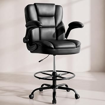 Drafting Chair 500Lbs, Tall Office Chair for Standing Desk, High PU Leather Executive Office Chair with Flip-up Armrests, Ergonomic High Chair with Adjustable Foot Ring, Comfy Stool Chairs, Black