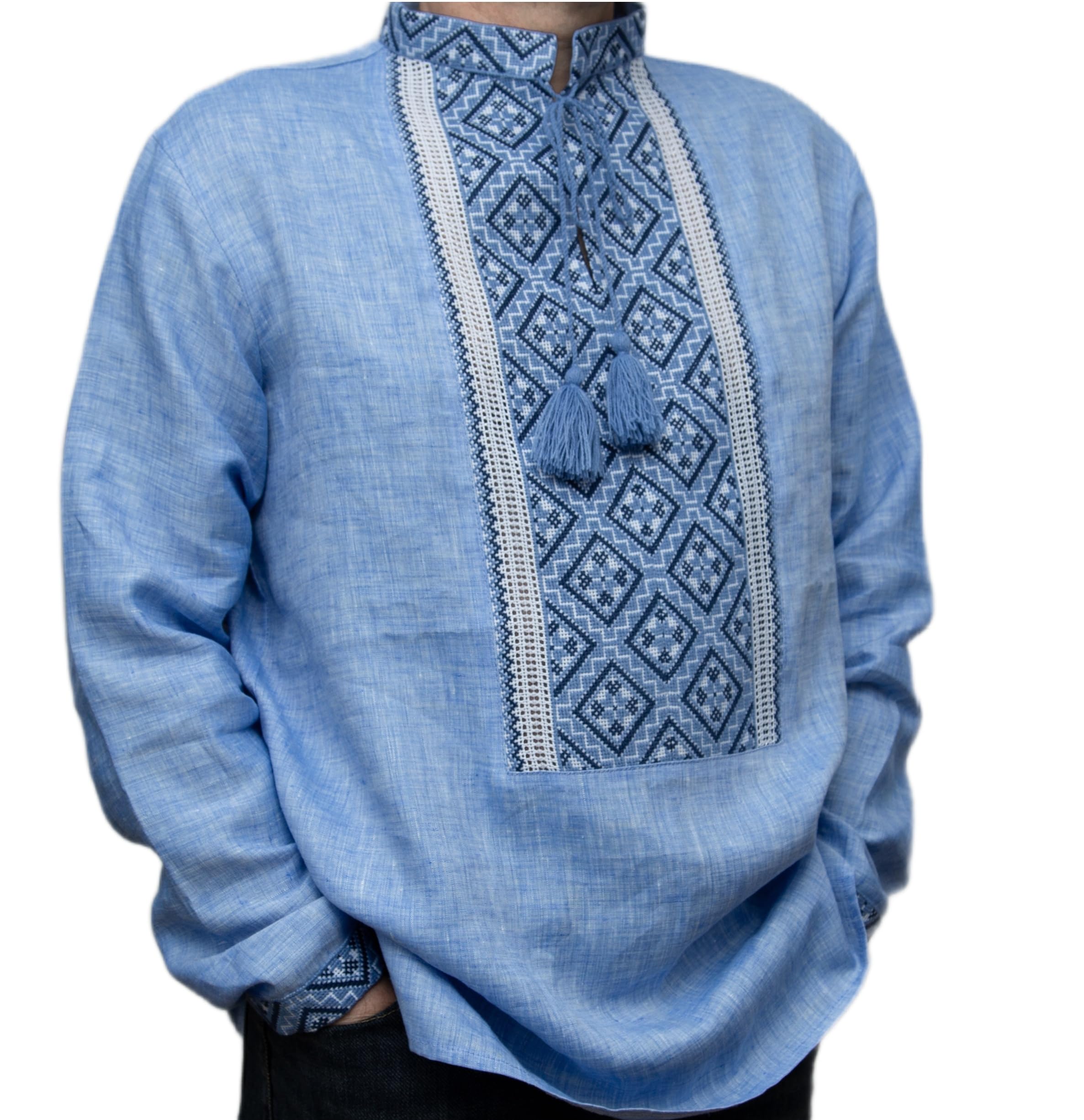 Vyshyvanka Men's Ukrainian Blue Linen Hand Cross-Stitched Embroidery XL