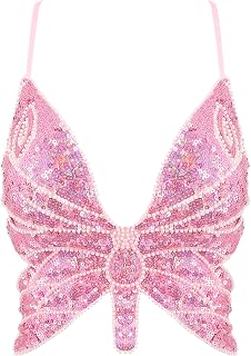 Womens Glitter Sequin Butterfly Crop Top Low-Cut Tank Top Rave Tube Vest Top for Belly Dance Costume Outfits