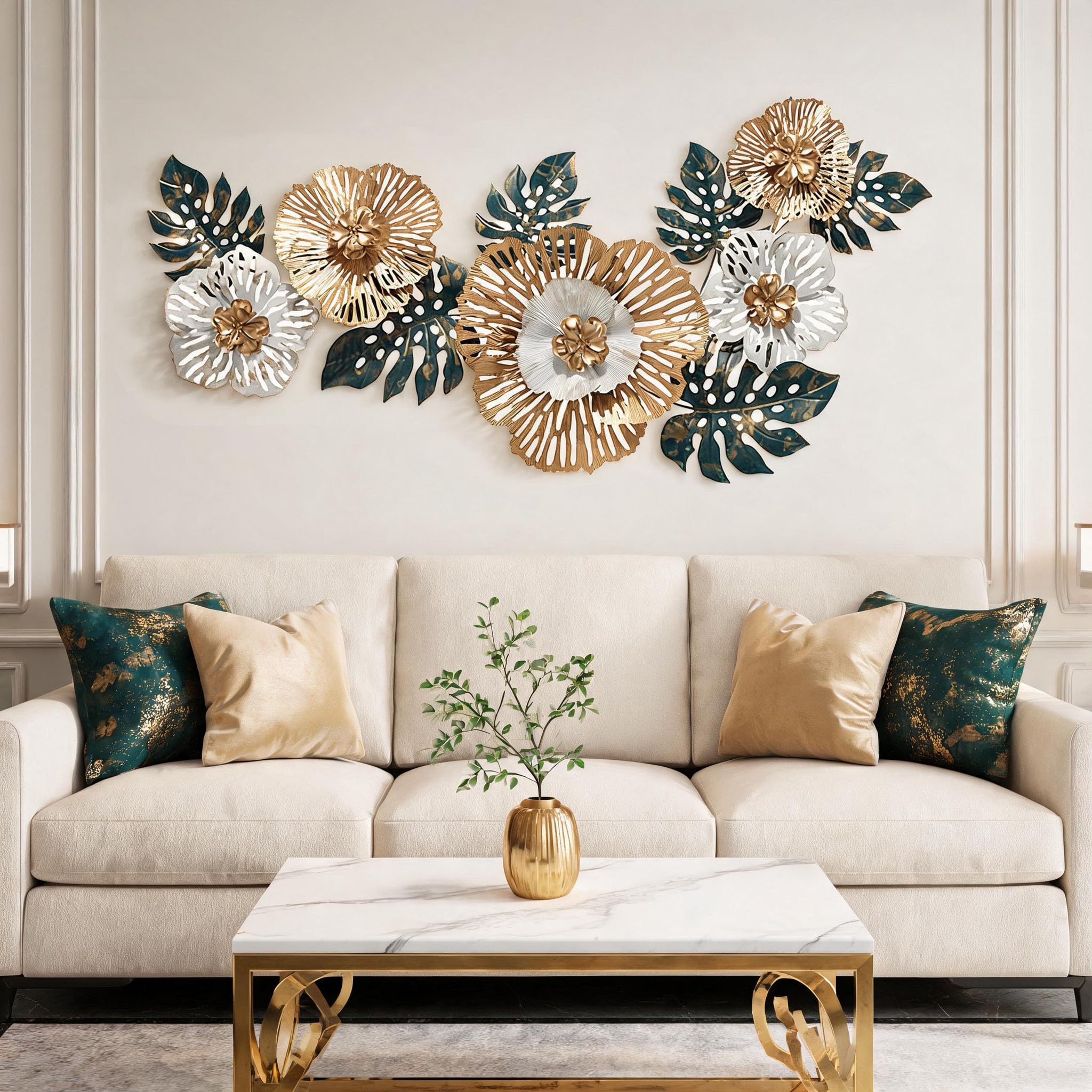 Decoración Pared Sala Estar, 138X57cm Decoración Pared 3D Decoración Pared Sala Estar Decoración Flores Esculturas Metal Colgante Fondo Sofá Adornos Pared Oficina Esculturas Pared Con 4 Tornillos