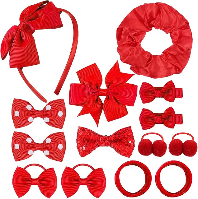 Dacitiery 32Pcs Girls School Hair Accessories Kit Red Bow Hair Clips Red Bow Headband Elastics Bands Hair Accesories for Girls Birthday Gift