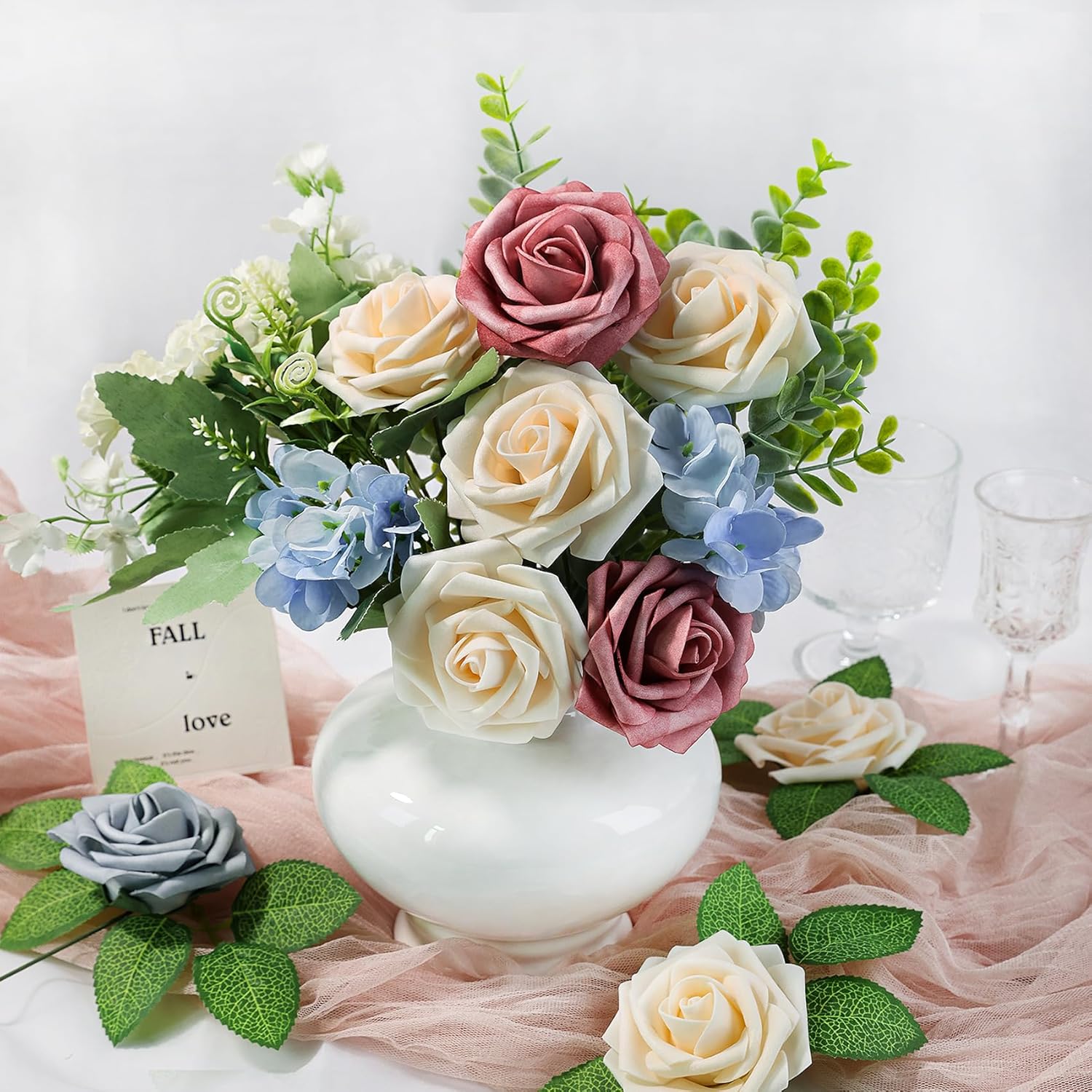 Meldel Artificial Flower 25pcs Real Touch Champagne Rose Fake Foam Roses with Stems for DIY Wedding Bouquets Gifts Bridal Shower Faux Floral Centerpieces Arrangements Home Party Tables Decorations - Image 4