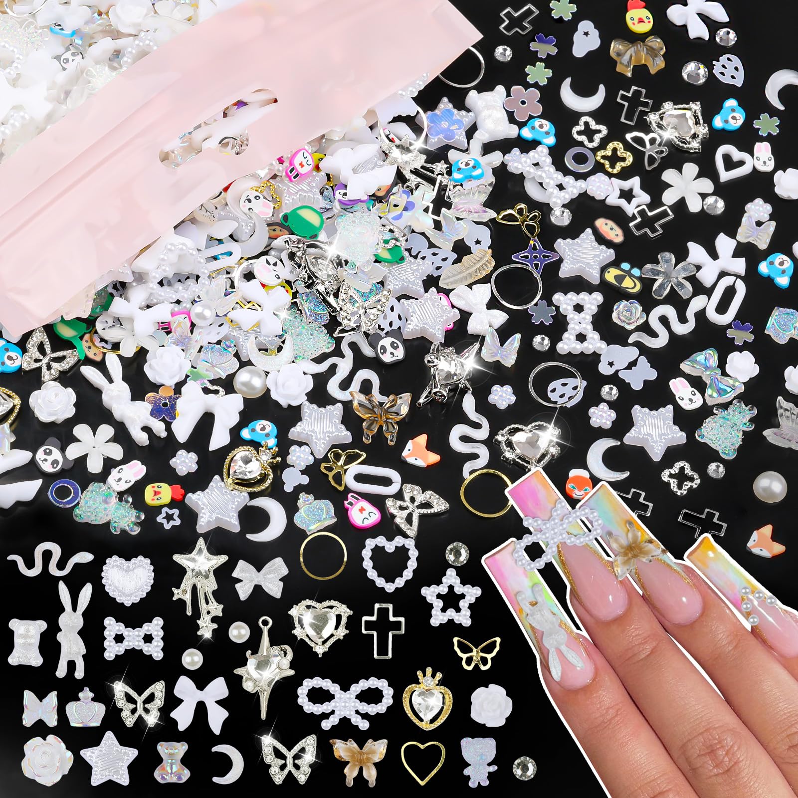 600Pcs Cute 3D Nail Charms and Gems, White Rabbit Bow Charms Alloy Butterfly Heart Star Nail Jewels with Nail Rhinestones, Mixed Gold Nail Studs
