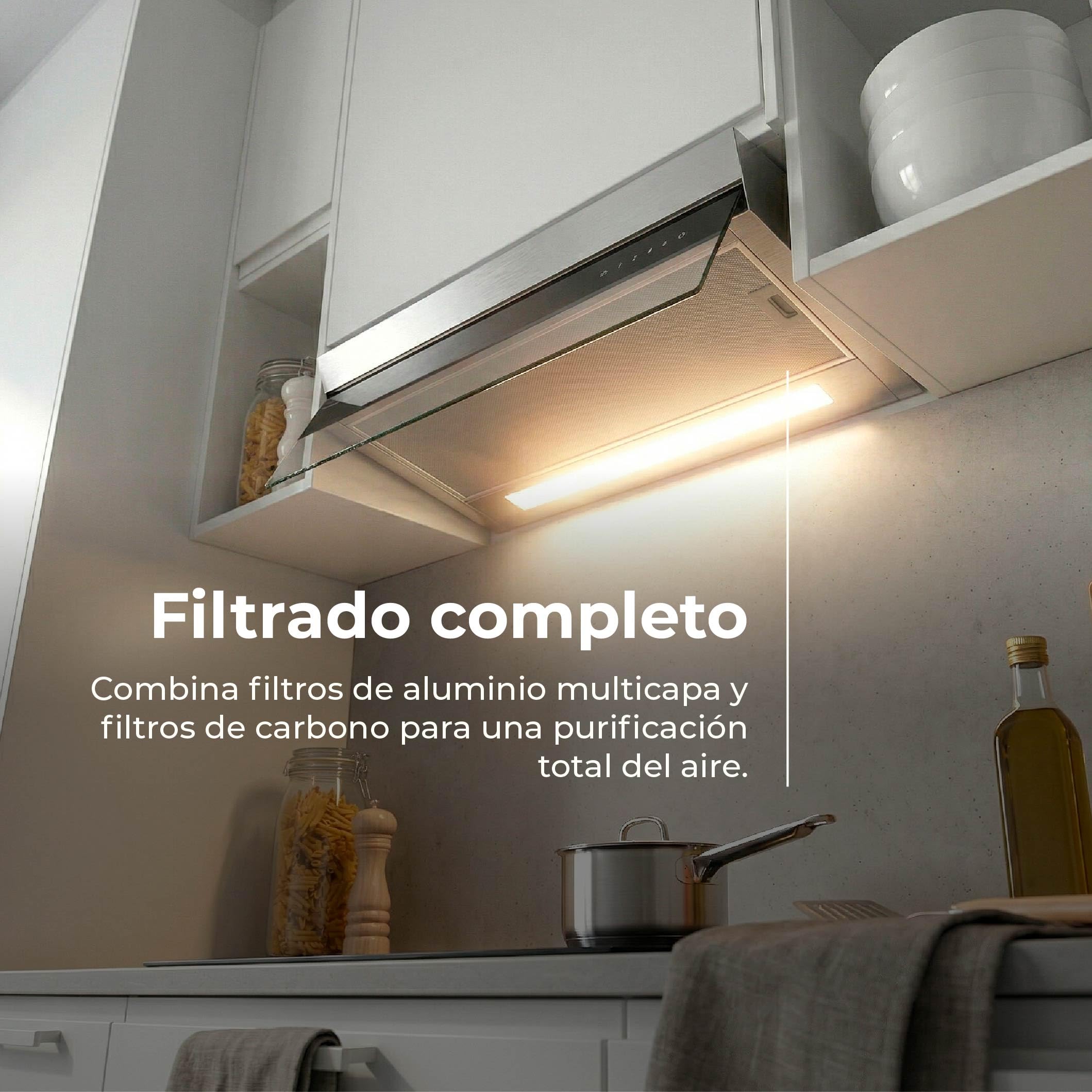 EVVO CEi56 Inox - Campana Extractora 60 cm Integrable, Clase A+++ Máxima Eficiencia, Succión 875 m3/h, Motor 200W - Extractor de Cocina Táctil con Filtro Carbón Activo y Aluminio, Temporizador, Inox