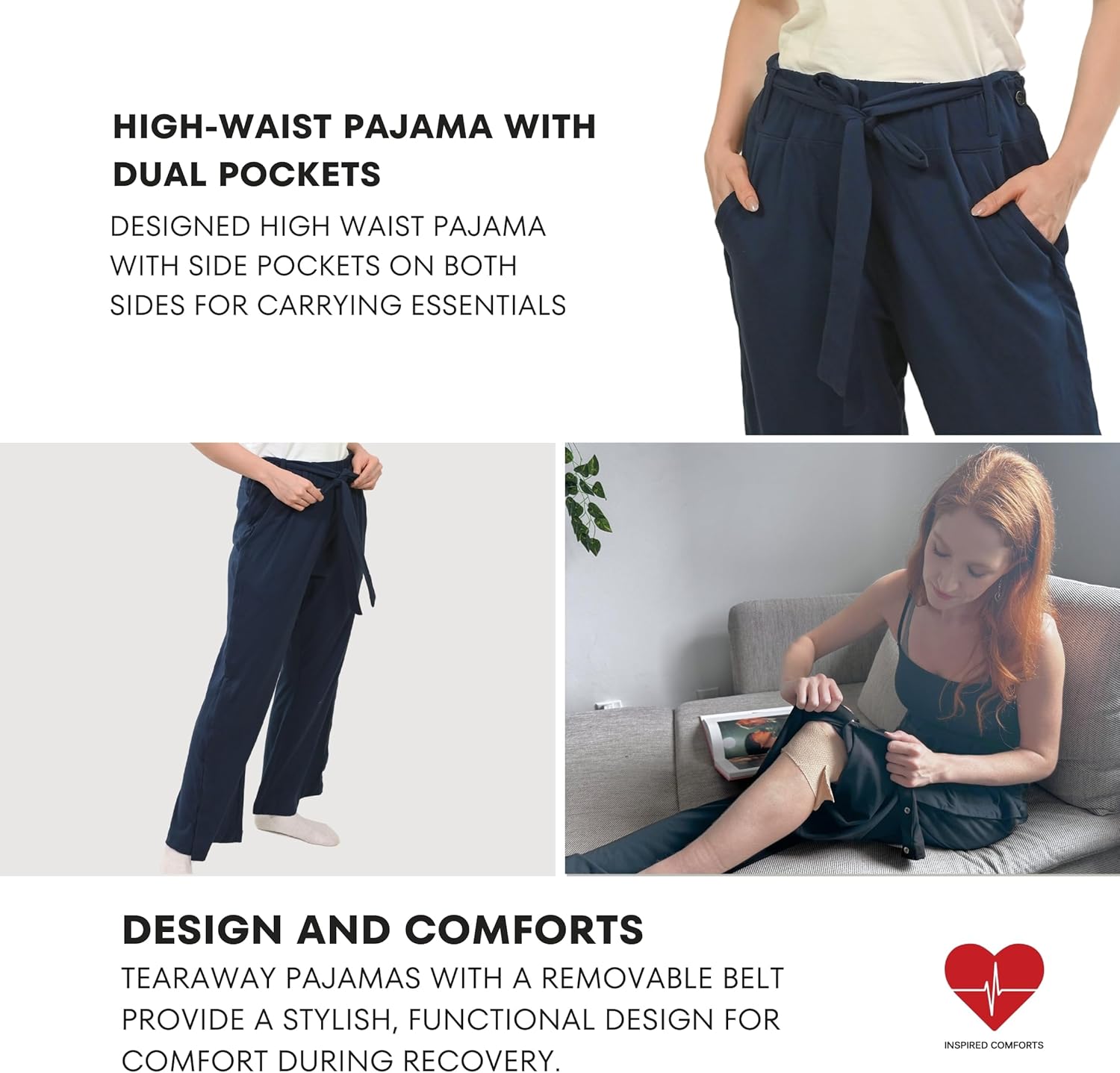 Inspired Comforts Women Tearaway Post Surgery Recovery Pajama Pants with Side Snaps & Pockets - Image 3