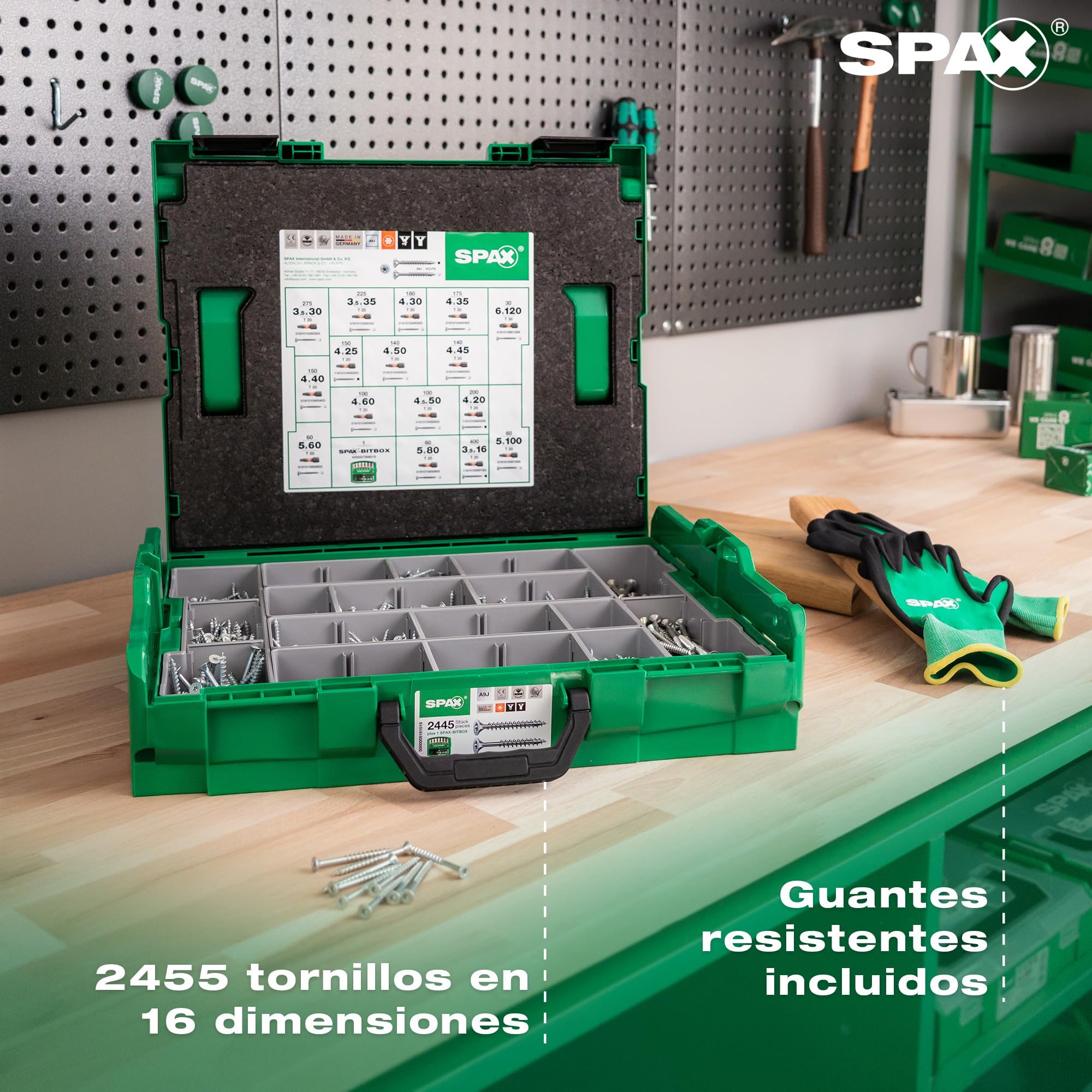 SPAX L-BOXX Maletín con 2.445 Tornillos para Madera, T-STAR plus, WIROX | Juego de 16 medidas en maleta robusta con BITBOX, guantes de trabajo y recubrimiento WIROX para uniones de madera.