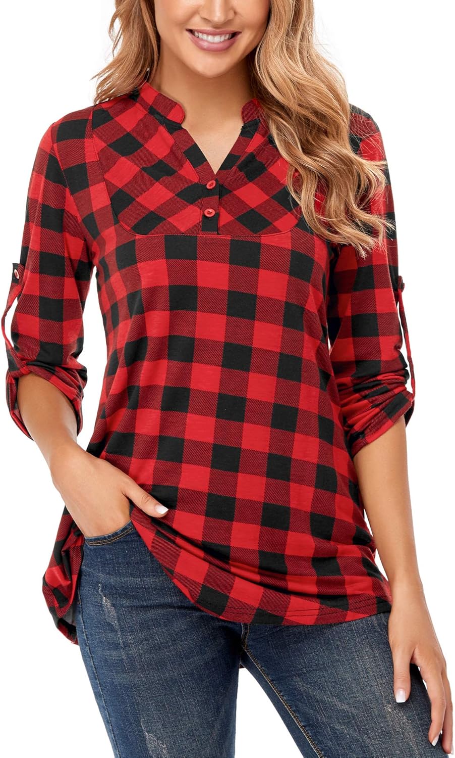 Miusey Womens Buffalo Plaid Roll Sleeve V Neck Flowy Loose Tunic Blouse - Image 2