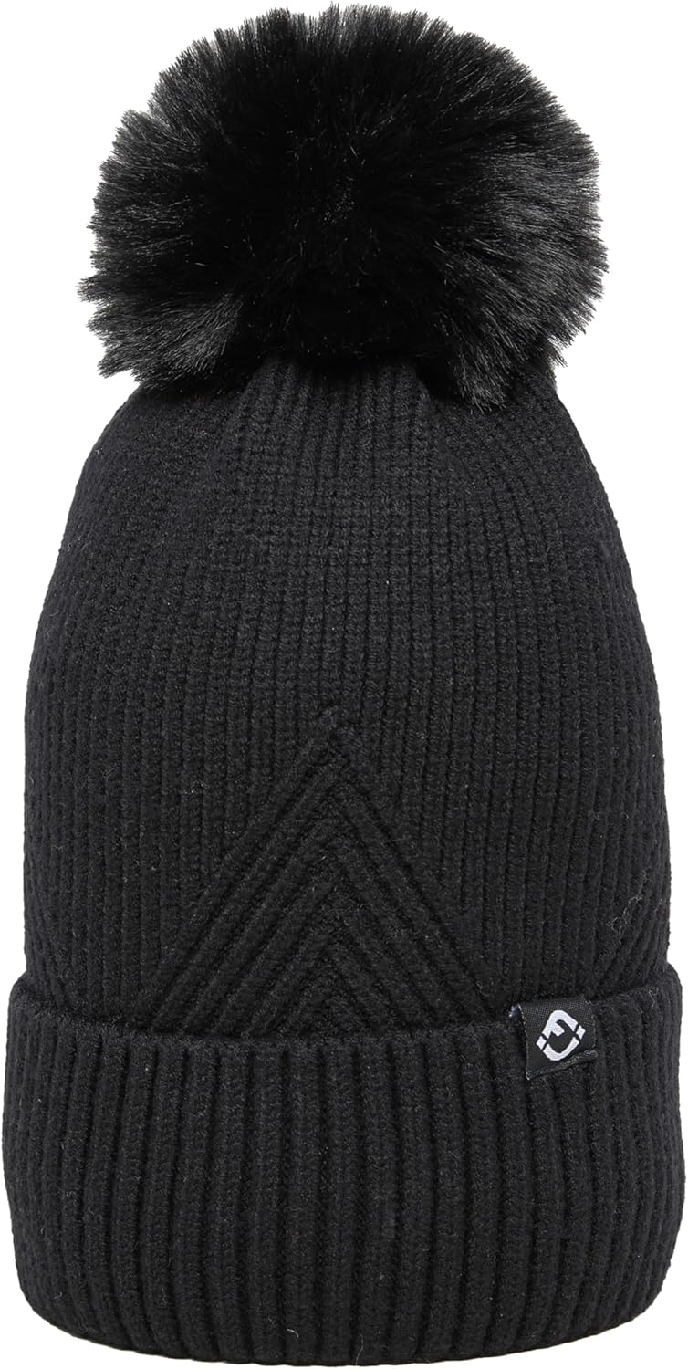 Funky Junque Basics Womens Pom Pom Beanie Winter Hats Cute Diagonal Pattern Fleece Lined Warm Stocking Caps Pompom Toboggan
